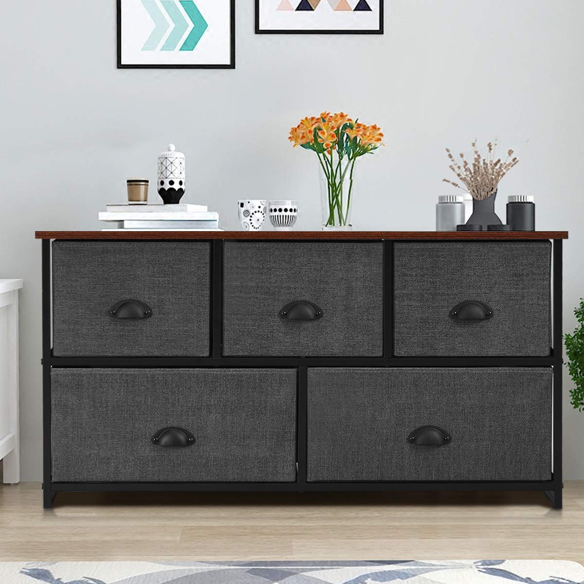 Giantex 5-Drawer Dresser for Bedroom & Living Room - Sturdy Metal Frame Clothes Storage Organizer with 5 Fabric Bins, Multi-Functional TV Stand & Chest of Drawers (Brown+Gray) | Perfect for Small Spaces, Dorm Rooms & Apartment Organization