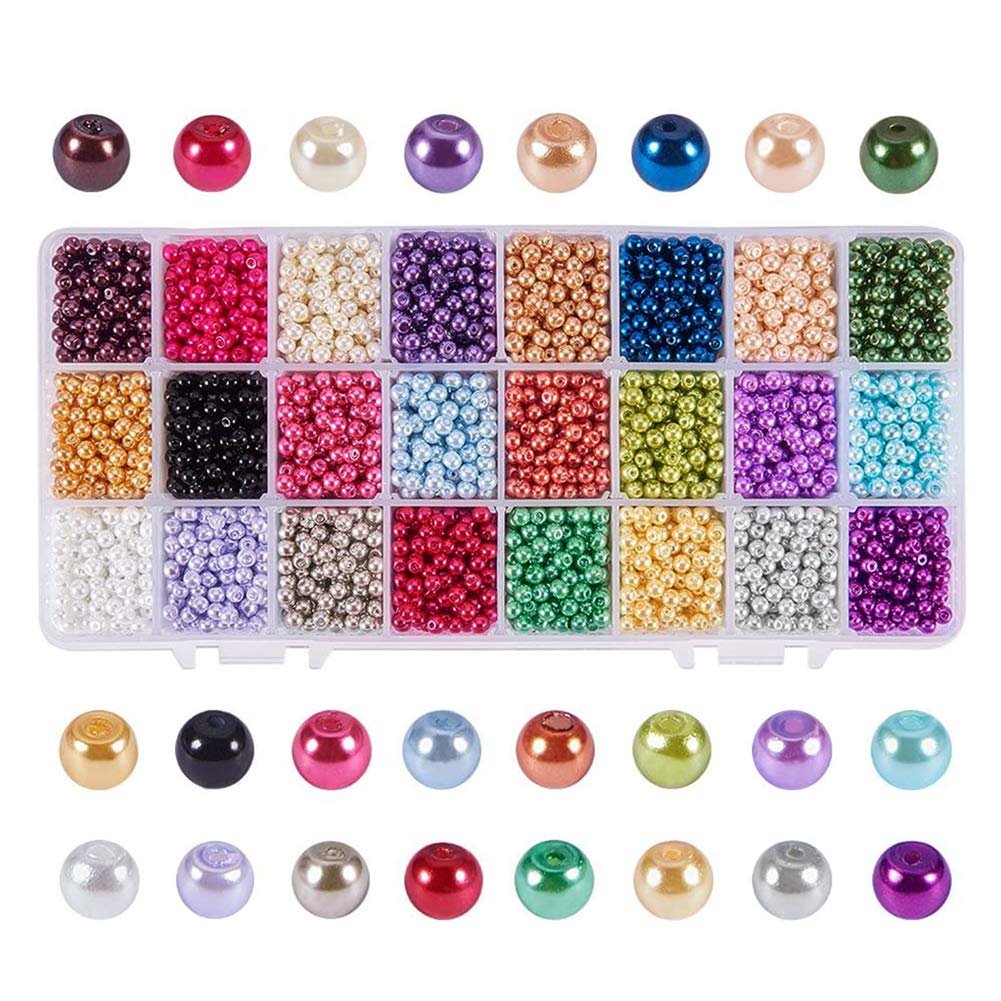 PH PandaHall 5520pcs 4mm Glass Pearl Beads - 24 Colors Dyed Round Satin Luster Beads for Jewelry Making (Necklace, Bracelet, Earrings) | DIY Craft Supplies & Vase Fillers | Perfect for Wedding, Party Decorations and Gift Projects