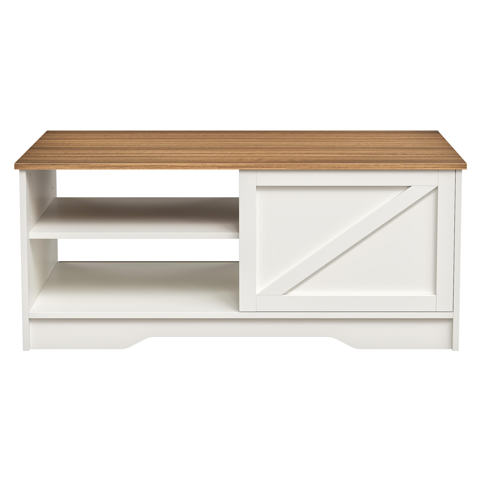 Rustic Farmhouse Coffee Table with Barn Doors - White & Walnut Finish - 42 Inch Modern Center Table with Cabinet & Adjustable Shelf - Perfect for Living Room, Office, or Farmhouse Decor - Durable & Stylish Home Furniture