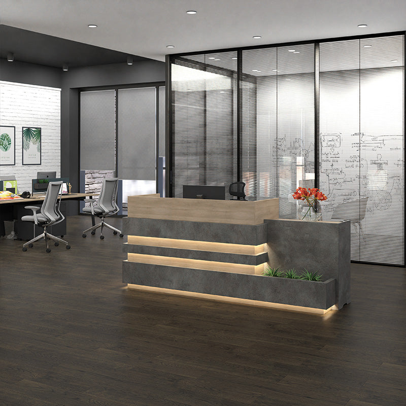 KERAN 8ft Right Panel Reception Desk - Acacia Wood & Carbon Grey Finish - Perfect for Office Lobby, Hotel Front Desk, and Corporate Reception Areas