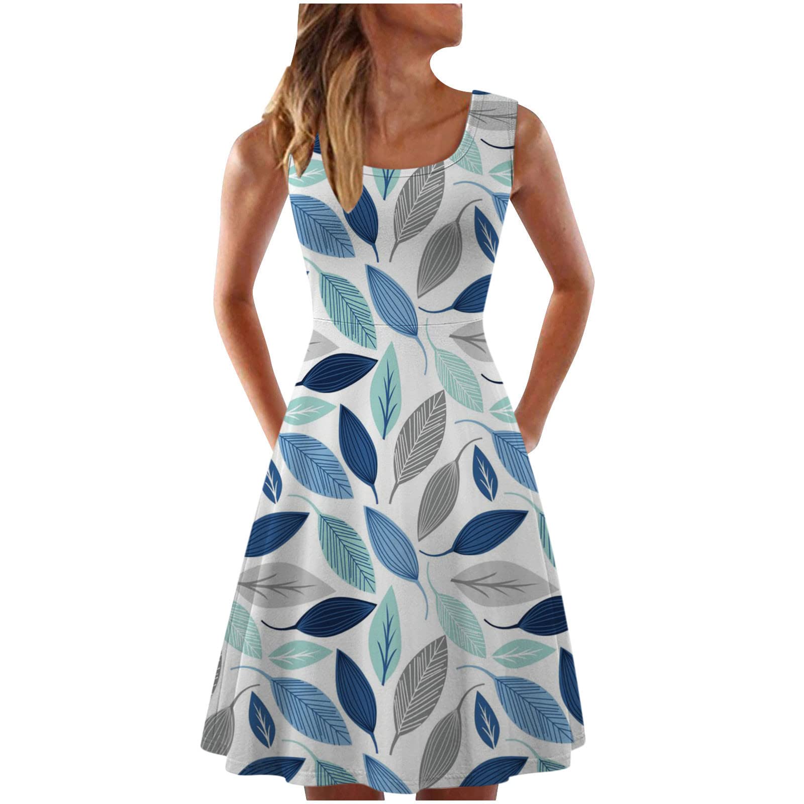 Women's Summer Dresses - Slim Sleeveless Scoop Neck Short Sun Dress, Boho Floral A-Line Flare Tank Dress for Beach, Vacation & Casual Outings