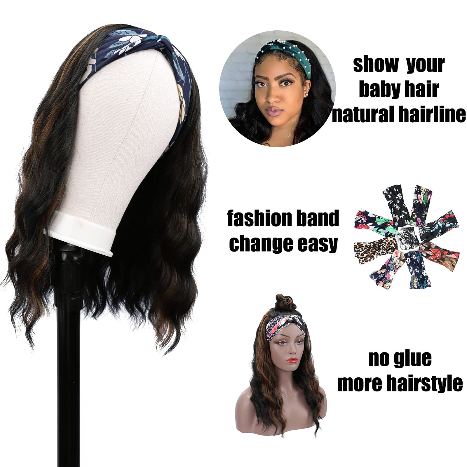 Natural Looking Glueless Headband Wig for Black Women - 16inch Synthetic Long Black Body Wave Heat Resistant Wig (180% Density, 1B/H30#) | Perfect for Daily Wear, Cosplay & Protective Hairstyles
