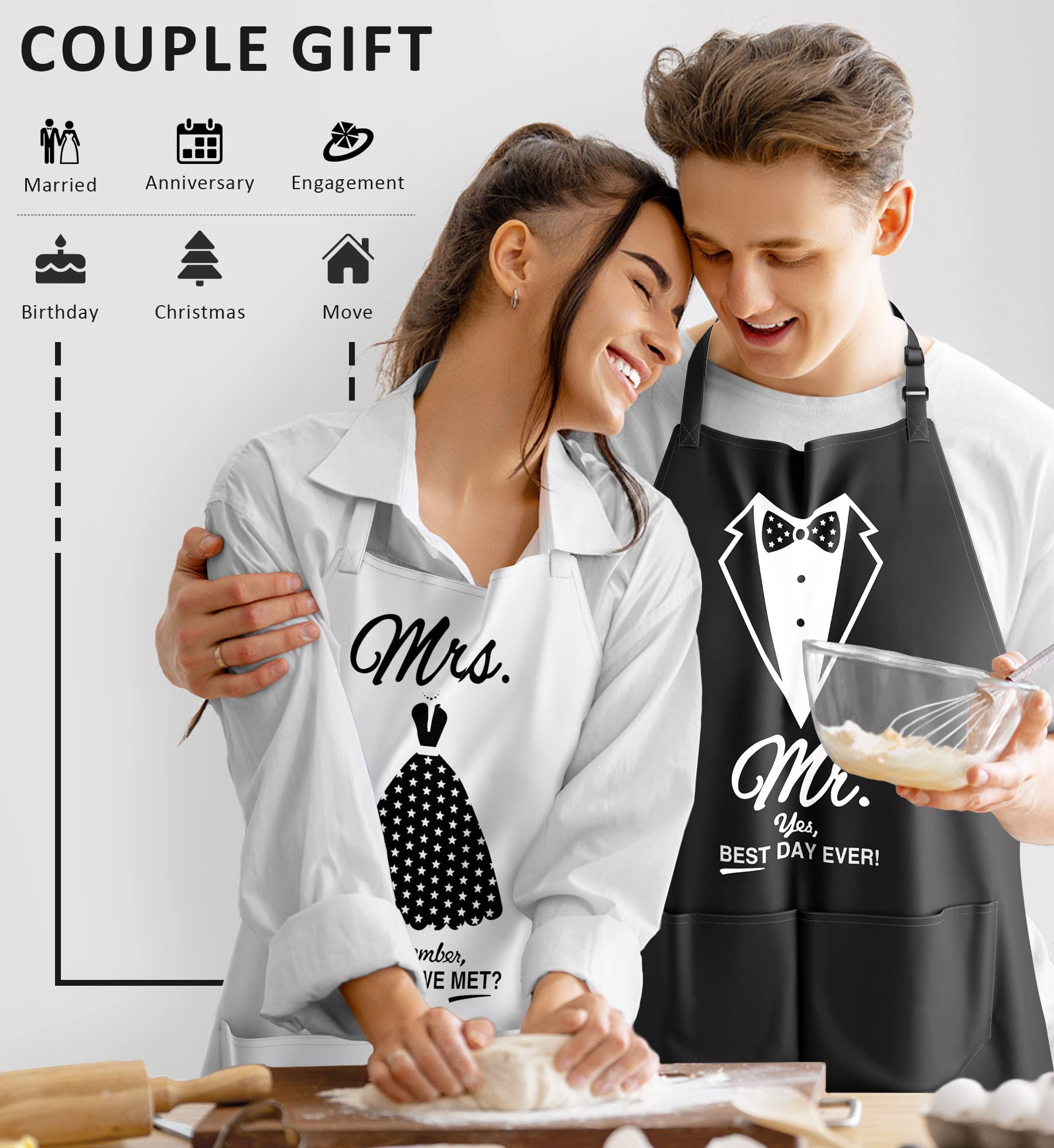 Mr and Mrs Aprons Set - 2 Pack Couples Apron Gift for Wedding, Engagement, Anniversary & Christmas - Perfect Bridal Shower Gift for Newlyweds - Ideal for Cooking Together & Romantic Date Nights