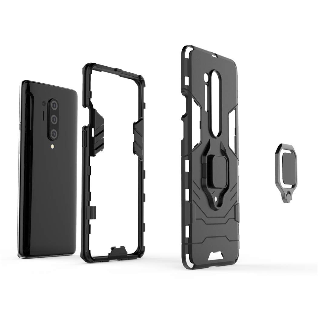 OnePlus 8 Pro (5G) Case with Metal Ring Grip & Kickstand - Magnetic Car Mount Compatible, Dual Layer Rugged Protective Cover (Black) - Perfect for Daily Use, Travel & Hands-Free Driving