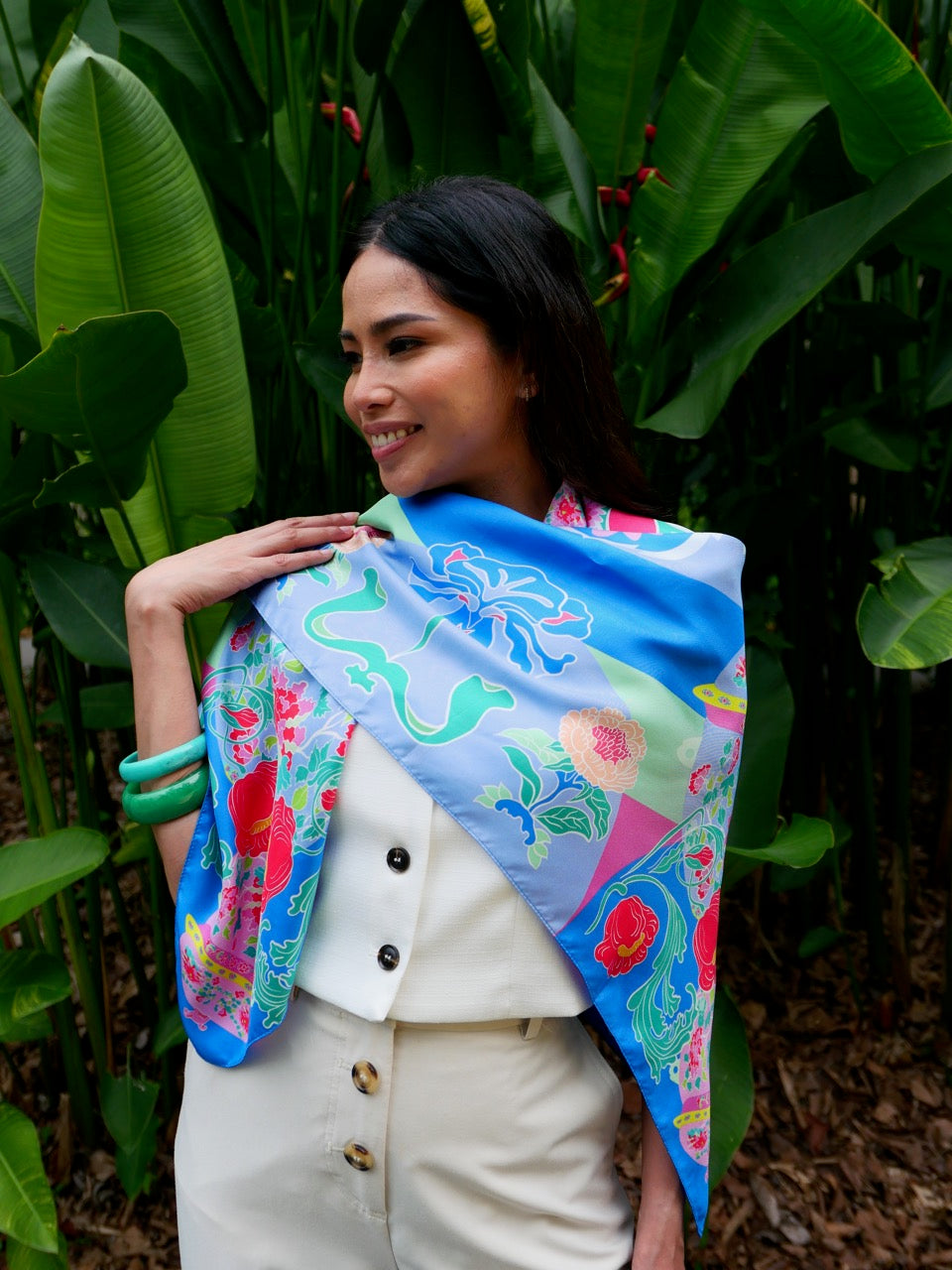 Luxury Peranakan Bricolage Silk Scarf - Premium Handmade Batik Shawl for Women, Elegant Fashion Accessory for Parties, Weddings & Special Occasions
