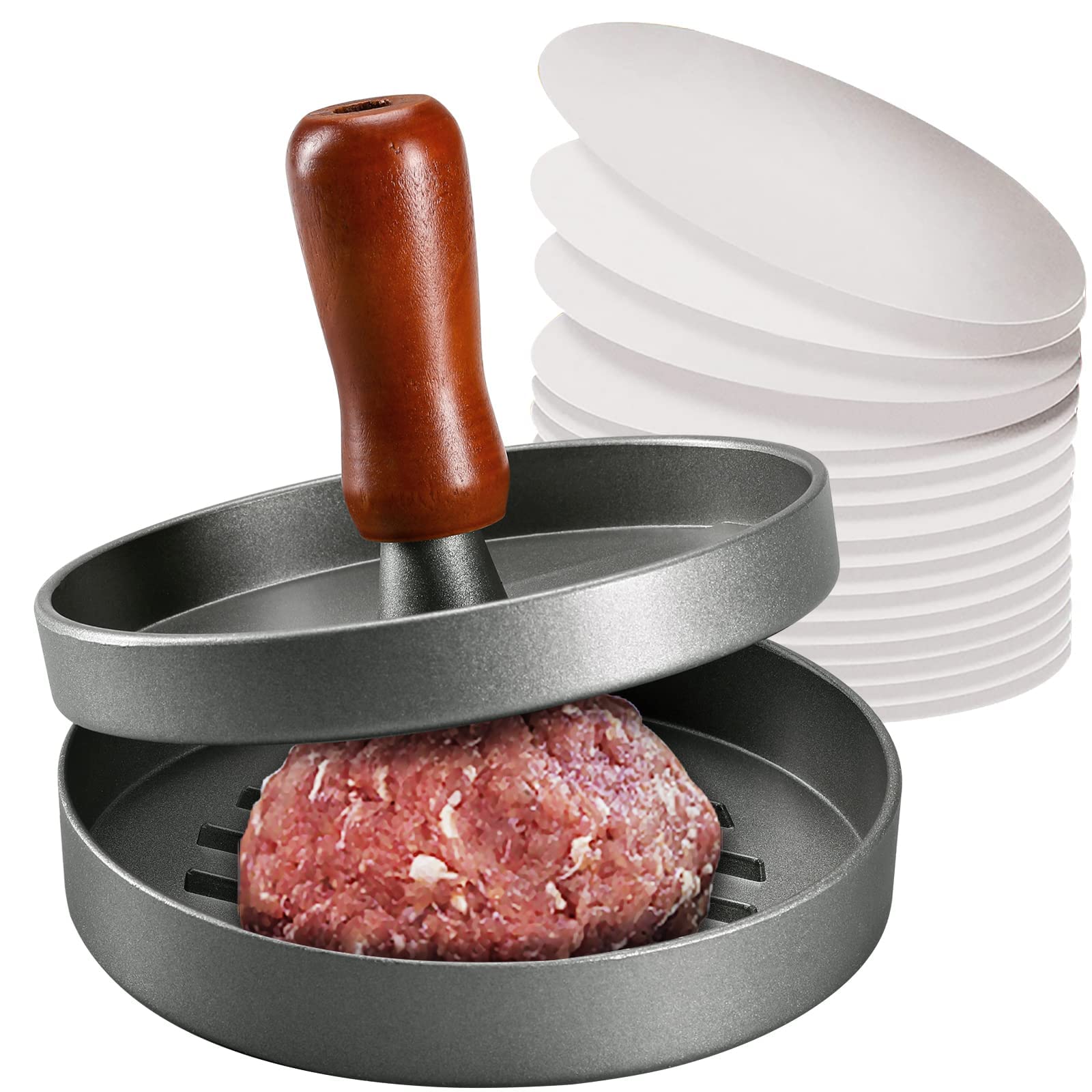 Stainless Steel Burger Press Patty Maker with Wood Handle & Non-Stick Surface - Includes 100 Patty Papers for Perfect Homemade Hamburgers | Ideal for BBQ, Backyard Grilling & Restaurant Use