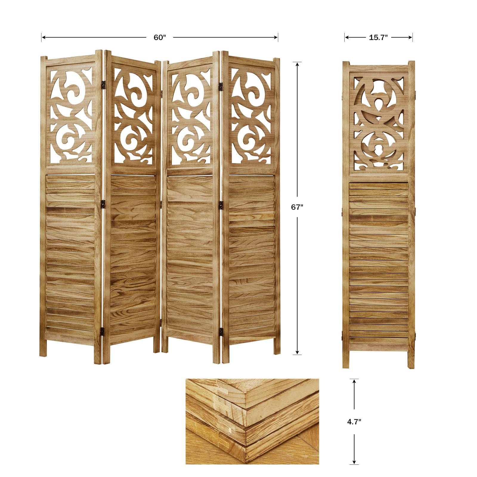 Wooden Room Divider Folding Partition Screen - 4 Panel Carved Wall Divider 67x60 Inches for Home, Office, Garden & Terrace | Portable Space Separator for Privacy, Decoration & Room Organization