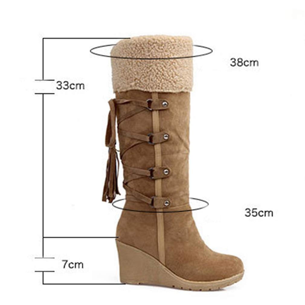 GIY Women's Winter Fur Wedge Snow Boots - Waterproof Mid Calf Wide Width Platform Booties with Fringe | Warm Slip On Winter Shoes for Snowy Days, Outdoor Activities & Cold Weather Fashion