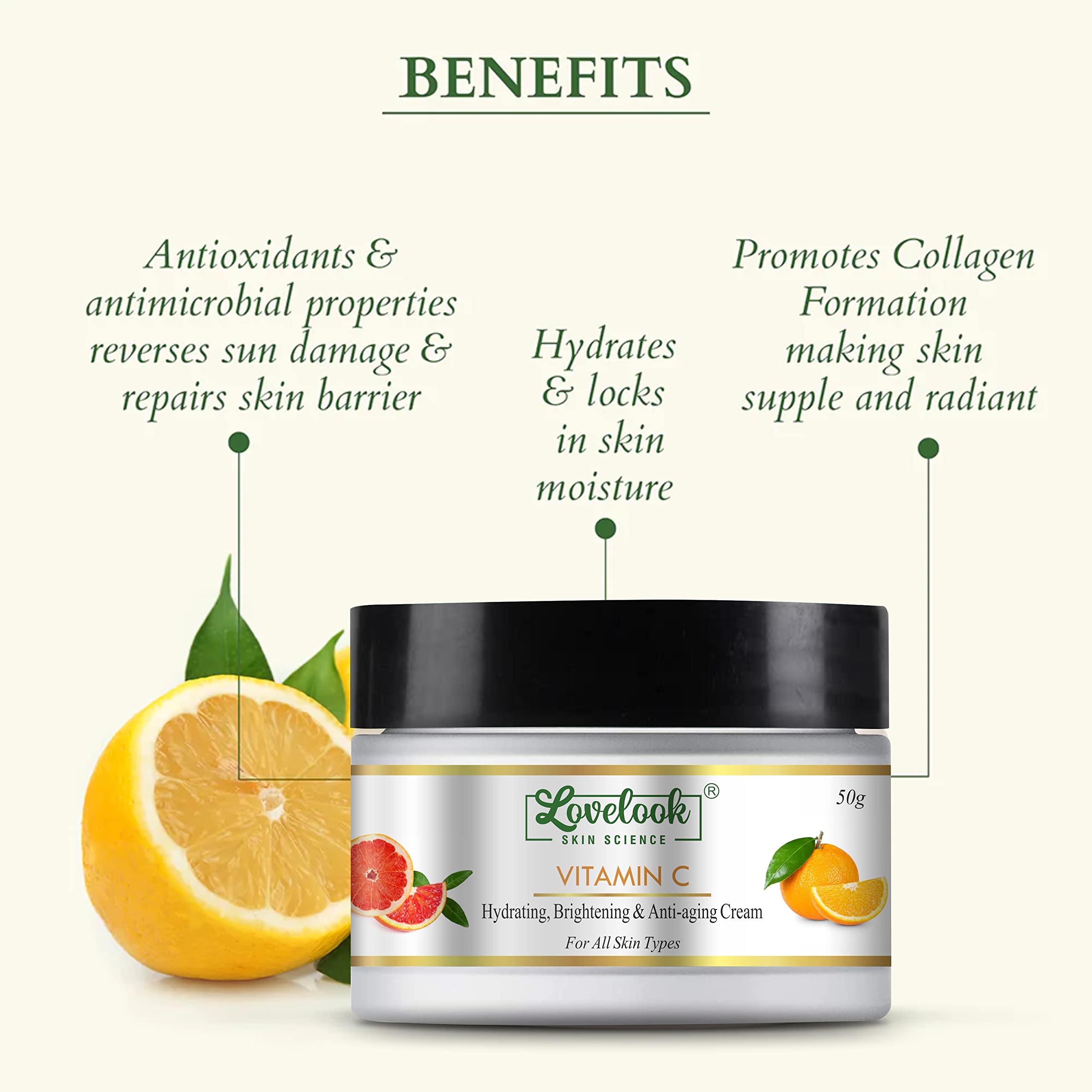 Lovelook Vitamin C Face Cream for Skin Brightening & Whitening - 50g Anti-Aging Moisturizer with Hyaluronic Acid | Day & Night Use for Glowing Skin