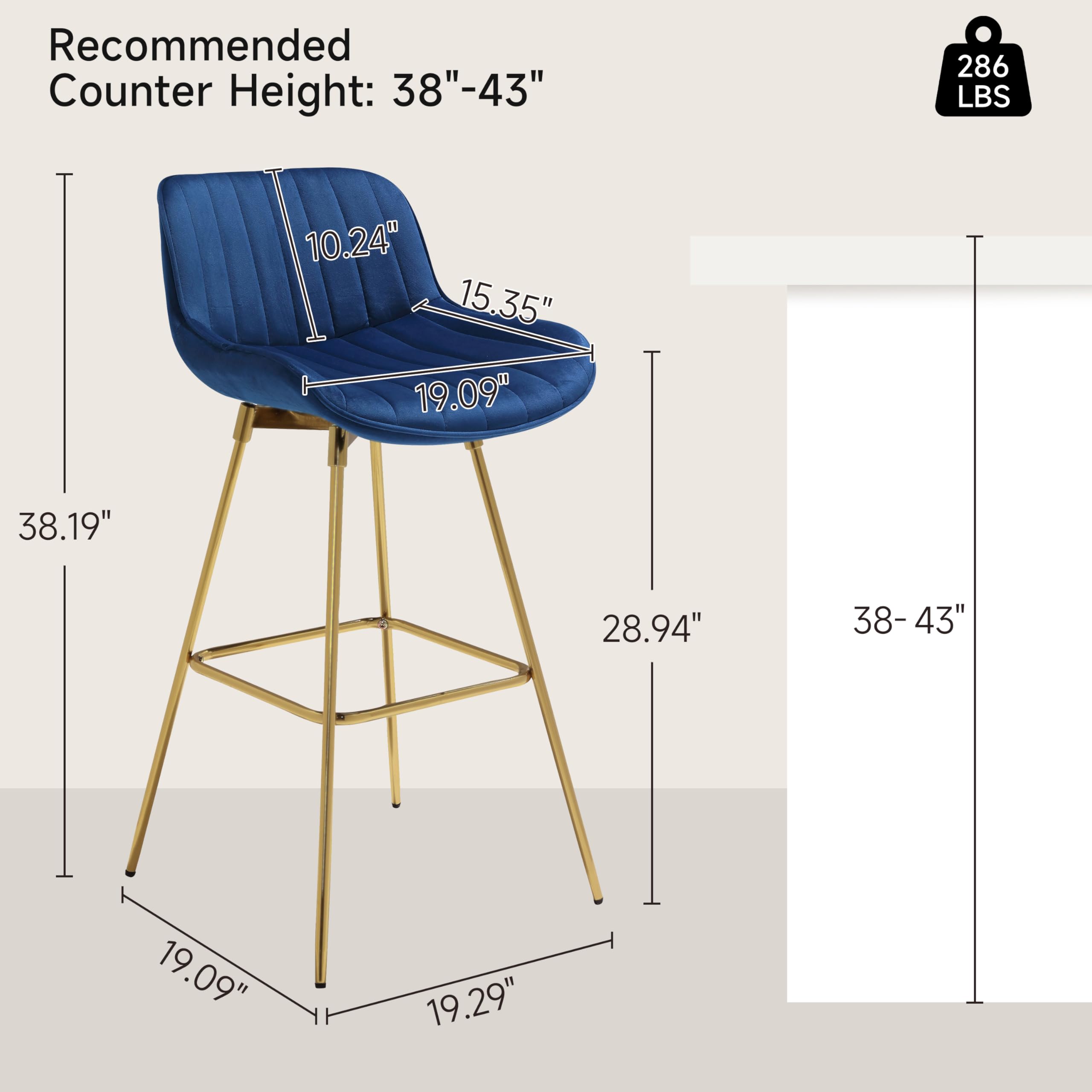 Zouron Swivel Bar Stools Set of 2 - Counter Height Kitchen Island Stools with Back & Gold-Plated Metal Legs, Velvet Upholstered Bar Chairs in Blue - Perfect for Kitchen, Dining Room & Home Bar Decor
