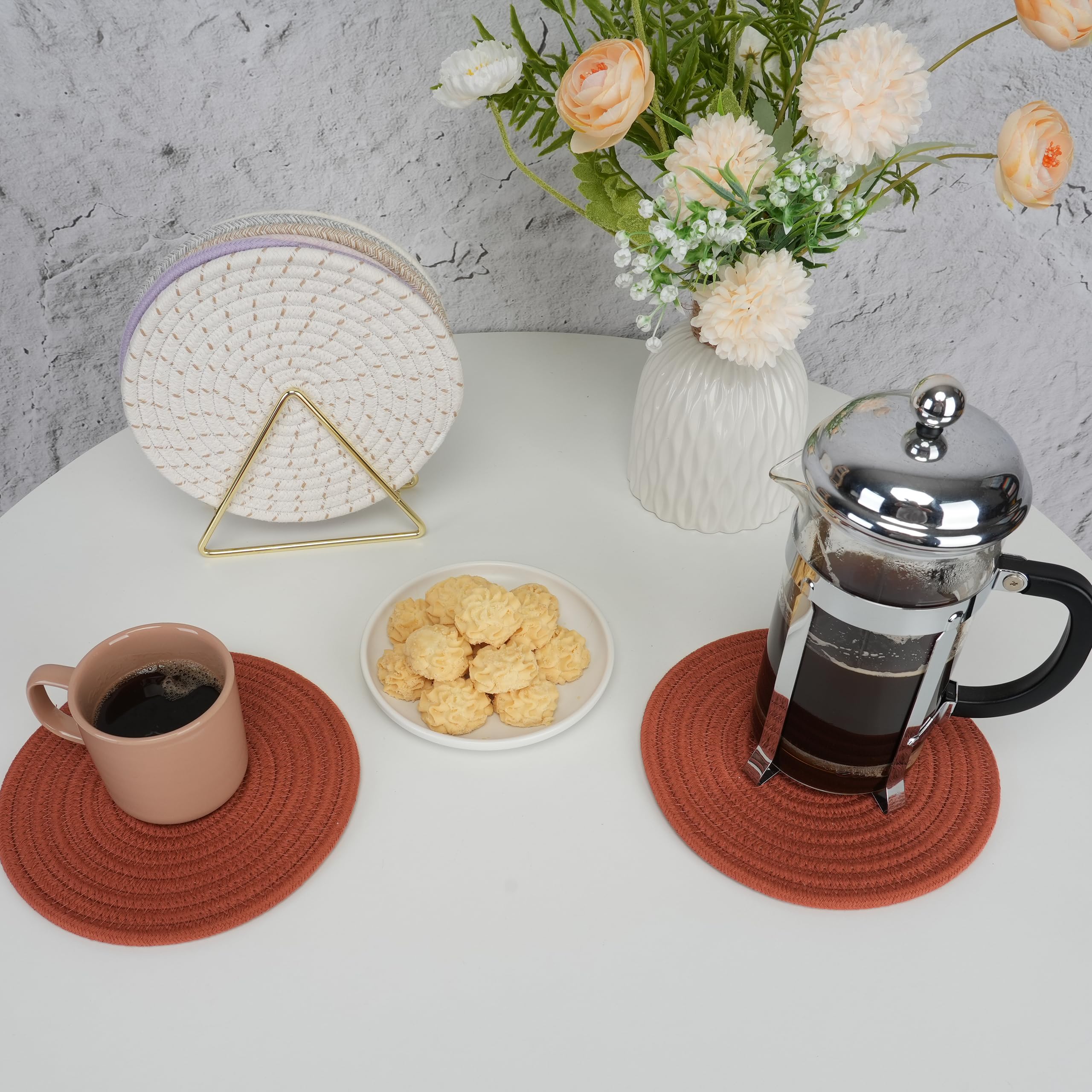 8-Piece Cotton Trivet Set - 8 Inch Heat Resistant Pot Holders & Coasters for Kitchen Countertops - Hot Pads for Dishes, Pots, Pans, Teapots & Bowls - Rustic Style for Dining & Entertaining