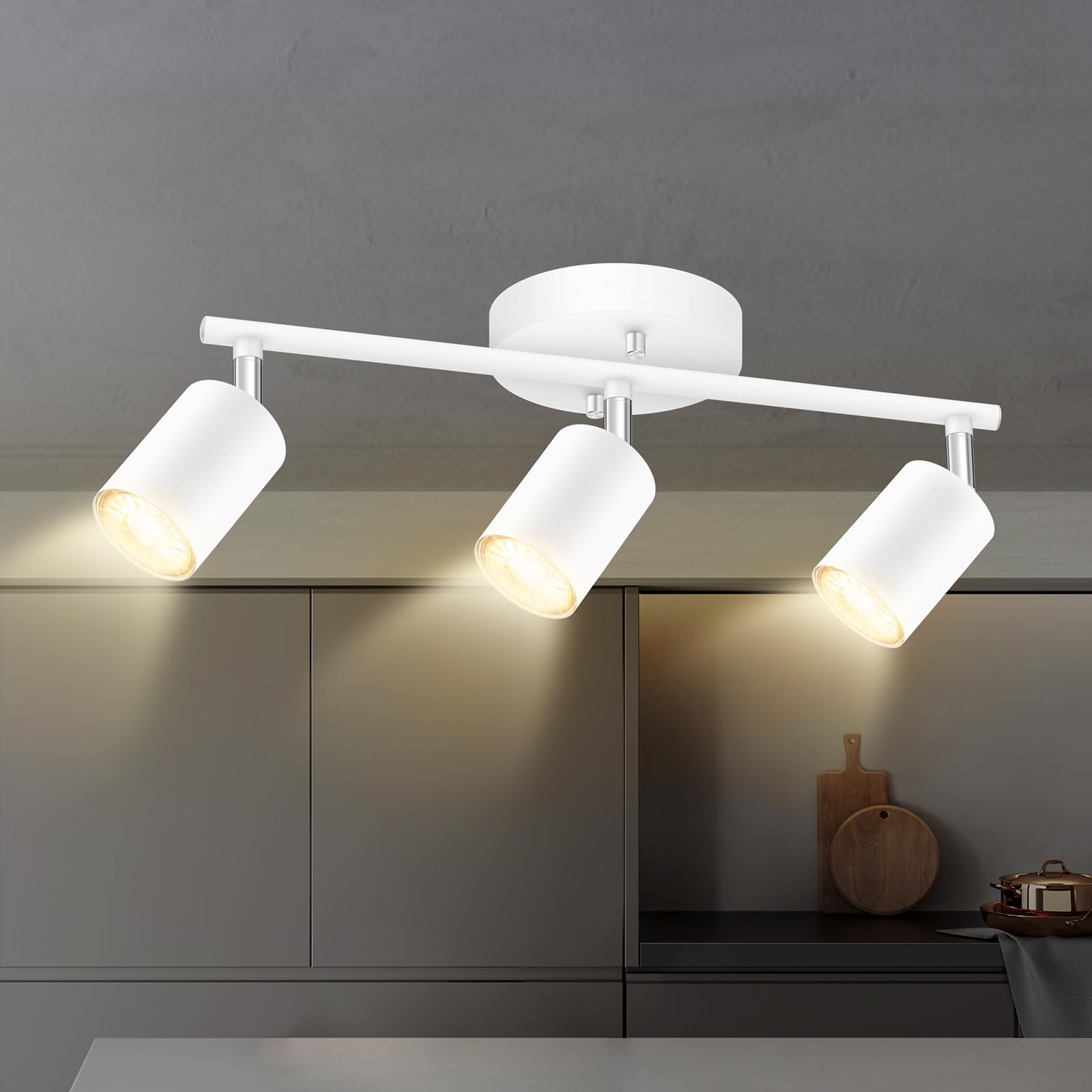 Modern White 3-Light LED Track Lighting Kit - Adjustable Rotating Spotlight Heads for Kitchen, Cabinet, Gallery, Bar & Living Room | Energy Efficient Industrial Ceiling Light Fixture for Home & Commercial Spaces