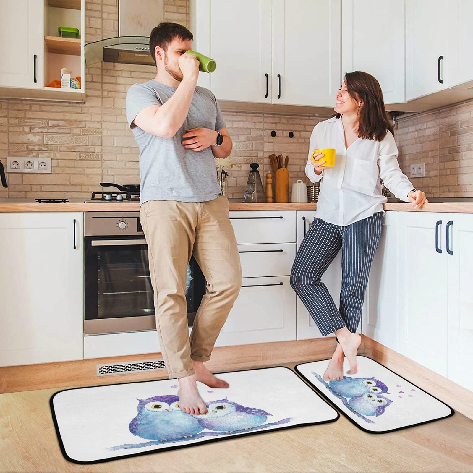 Non-Slip 2-Piece Kitchen Rugs Set with Cute Owl Design - Washable Anti-Fatigue Bathroom Floor Mats & Doormat (27