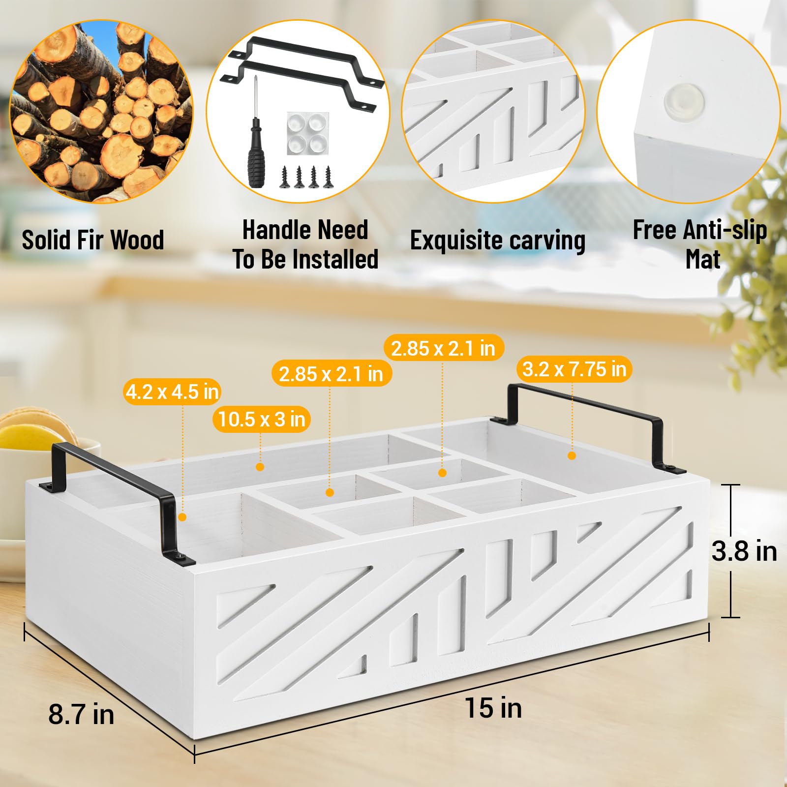 Ameuphercy Wooden Paper Plate Holder & Utensil Caddy - Countertop Organizer for Disposable Plates, Cups, Spoons & Forks - Kitchen & Party Serving Essential (White Carving Design) - Perfect for Buffets, BBQs, Picnics & Family Gatherings