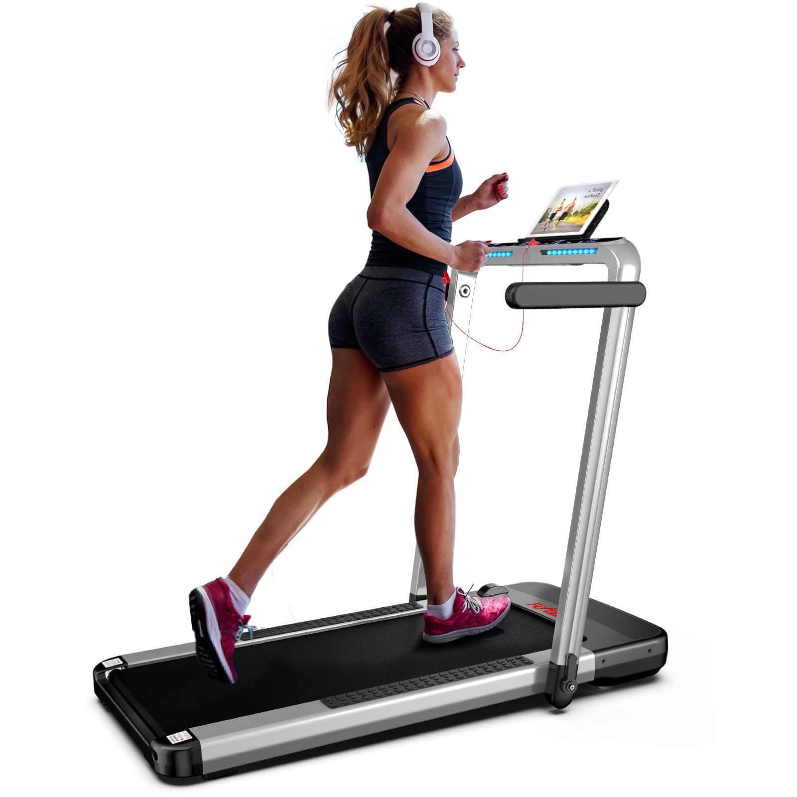 FLYLINKTECH 2 in 1 Folding Treadmill for Home Use - 14 km/h Max Speed with Remote Control - Compact Walking & Running Machine for Indoor Fitness - Perfect for Small Spaces & Home Gym Workouts (Silvery)