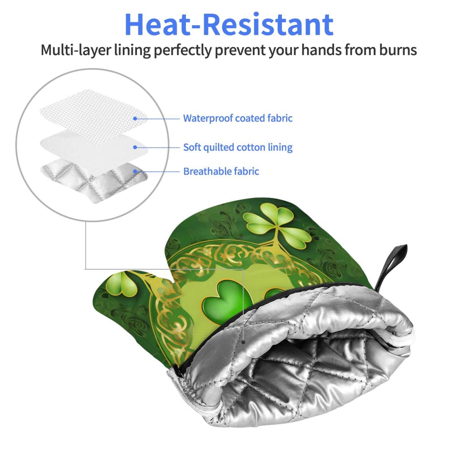 2-Piece Green Shamrock Clover Oven Mitts Set - Heat Resistant Baking Gloves for Cooking, BBQ, Grilling & Kitchen Use - Perfect for St. Patrick's Day & Holiday Baking