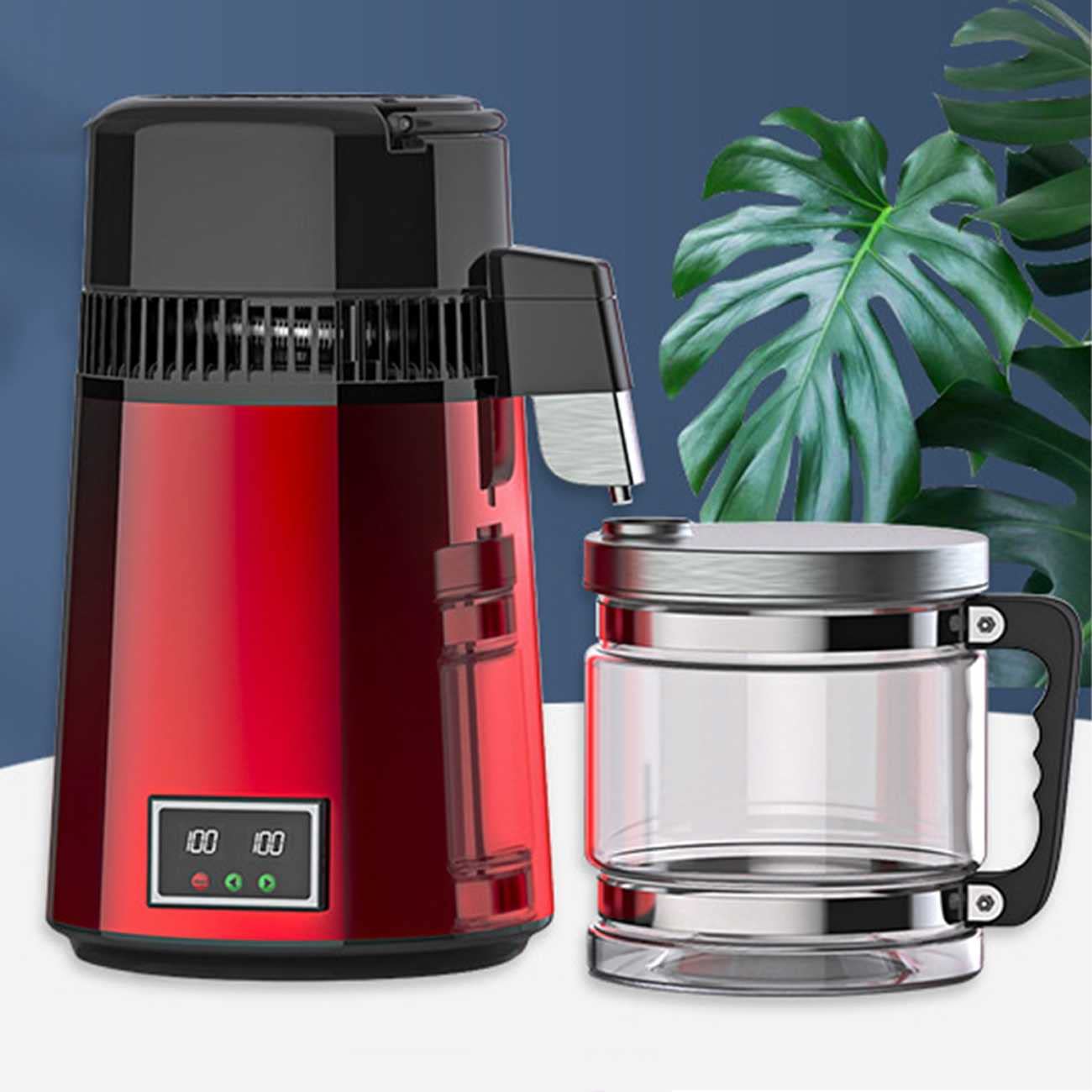 750W TANGER Water Distiller - 1.1 Gal/4L Countertop Pure Water Maker with Dual Temp Display & Glass Container (Red/Gray) - Perfect for Home, Office, Baby Formula & Healthy Drinking Water