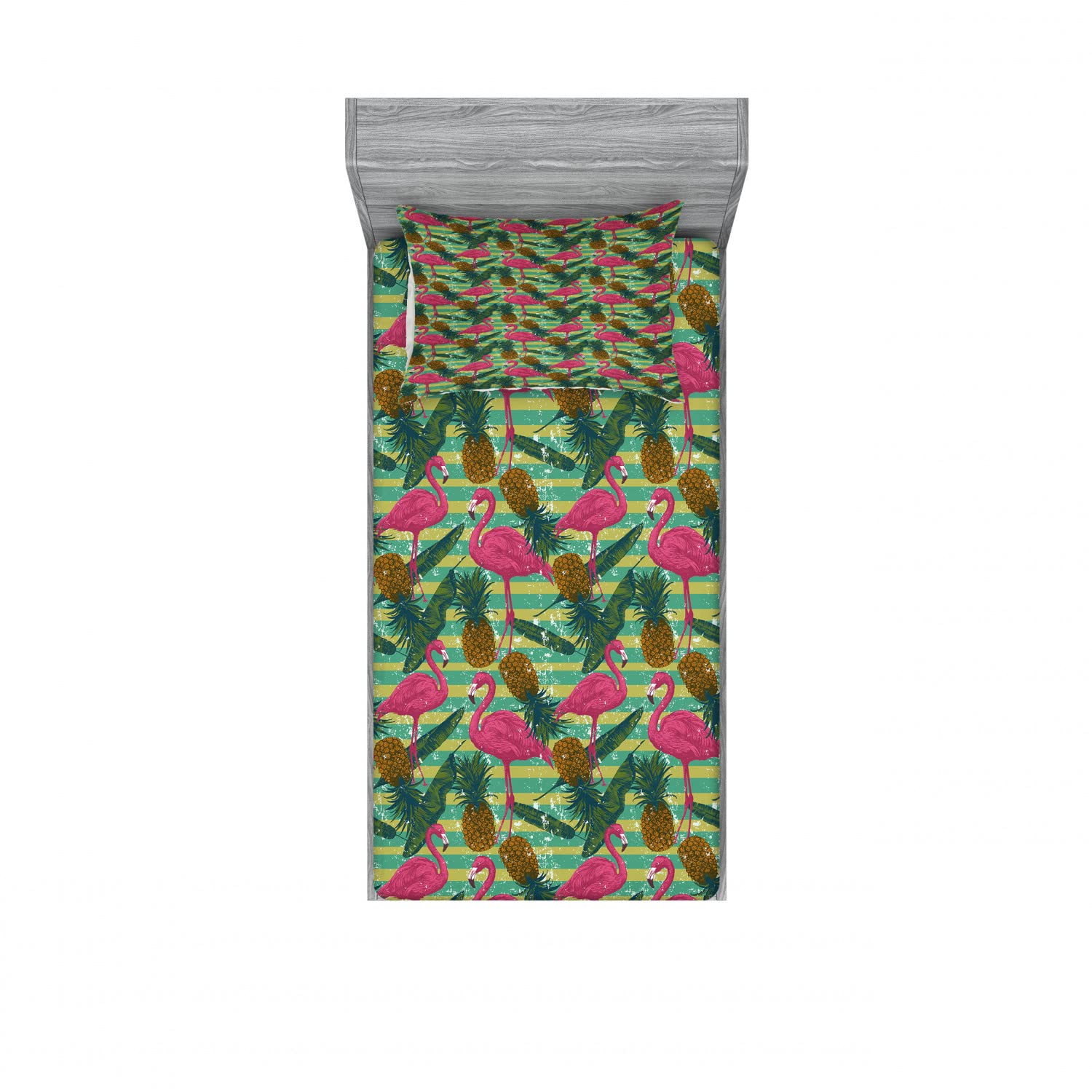 Ambesonne Flamingo 2-Pack Twin Fitted Sheet & Pillow Sham Set - Tropical Pineapple Banana Leaf Pattern, 4-Piece Bedding Decor (2 Fitted Sheets + 2 Pillow Covers) - Vibrant Multicolor Design for Beach House, Guest Room & Summer Themed Bedrooms