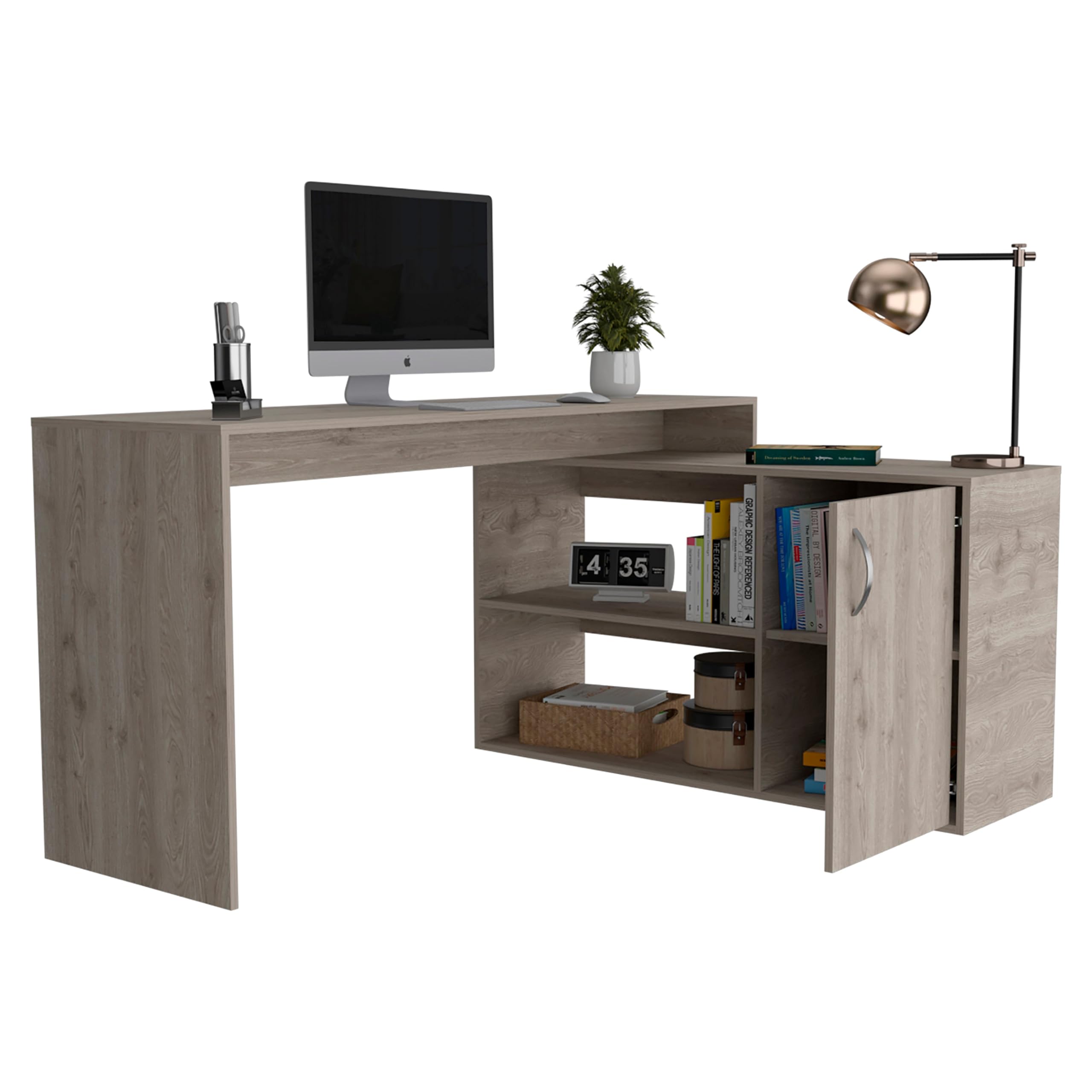 Tuhome Axis Modern L-Shaped Computer Desk with Storage - Light Gray Home Office Desk for Small Spaces, Gaming & Study - Open & Closed Shelves, Ergonomic Workstation
