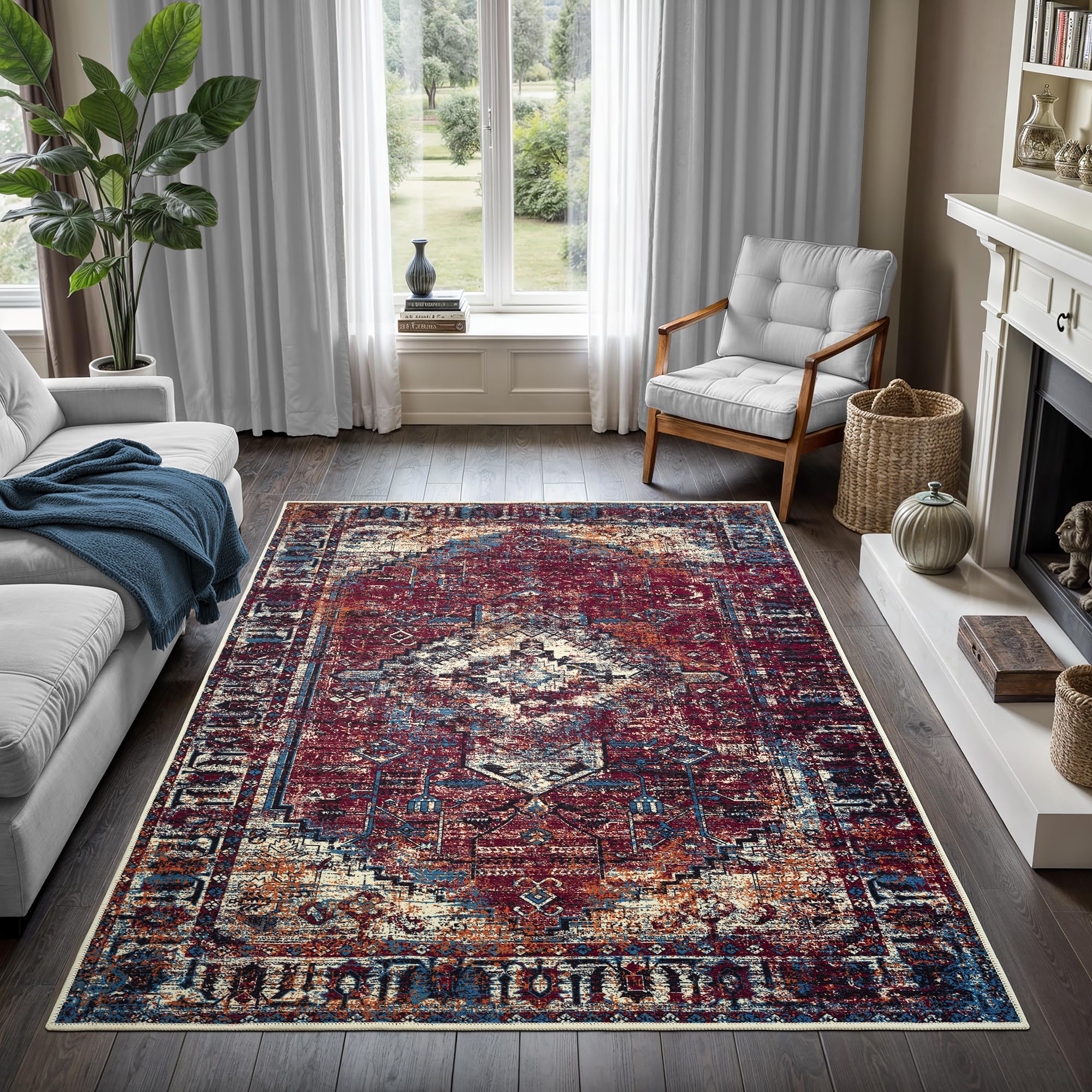 Vintage Washable Area Rug - Non Slip Low Pile Machine Washable Carpet for Living Room, Bedroom, Bathroom - Easy Clean Burgundy Rug 7'10