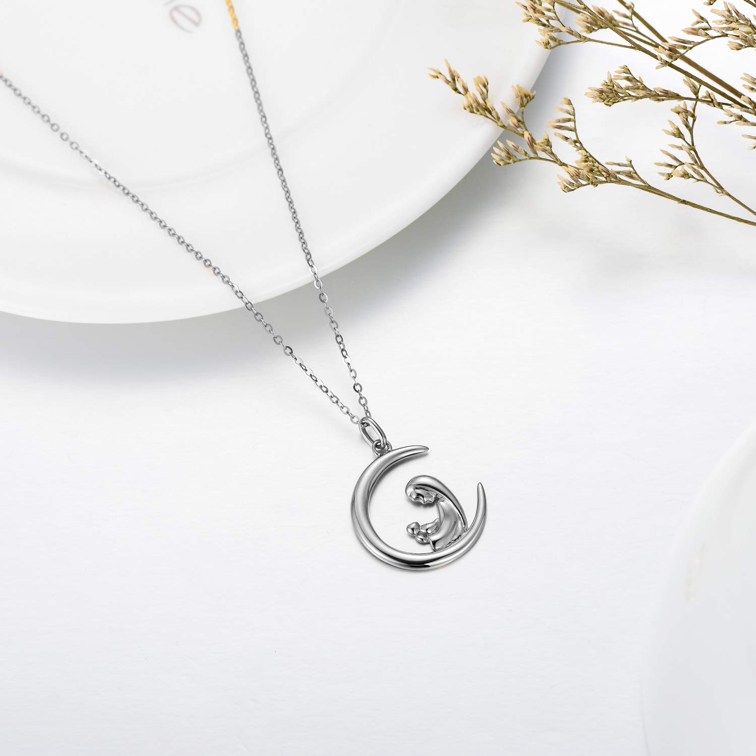 14K Gold Mother Necklace for Women - Elegant Dainty Gold Mother & Child Love Crescent Moon Pendant - 16