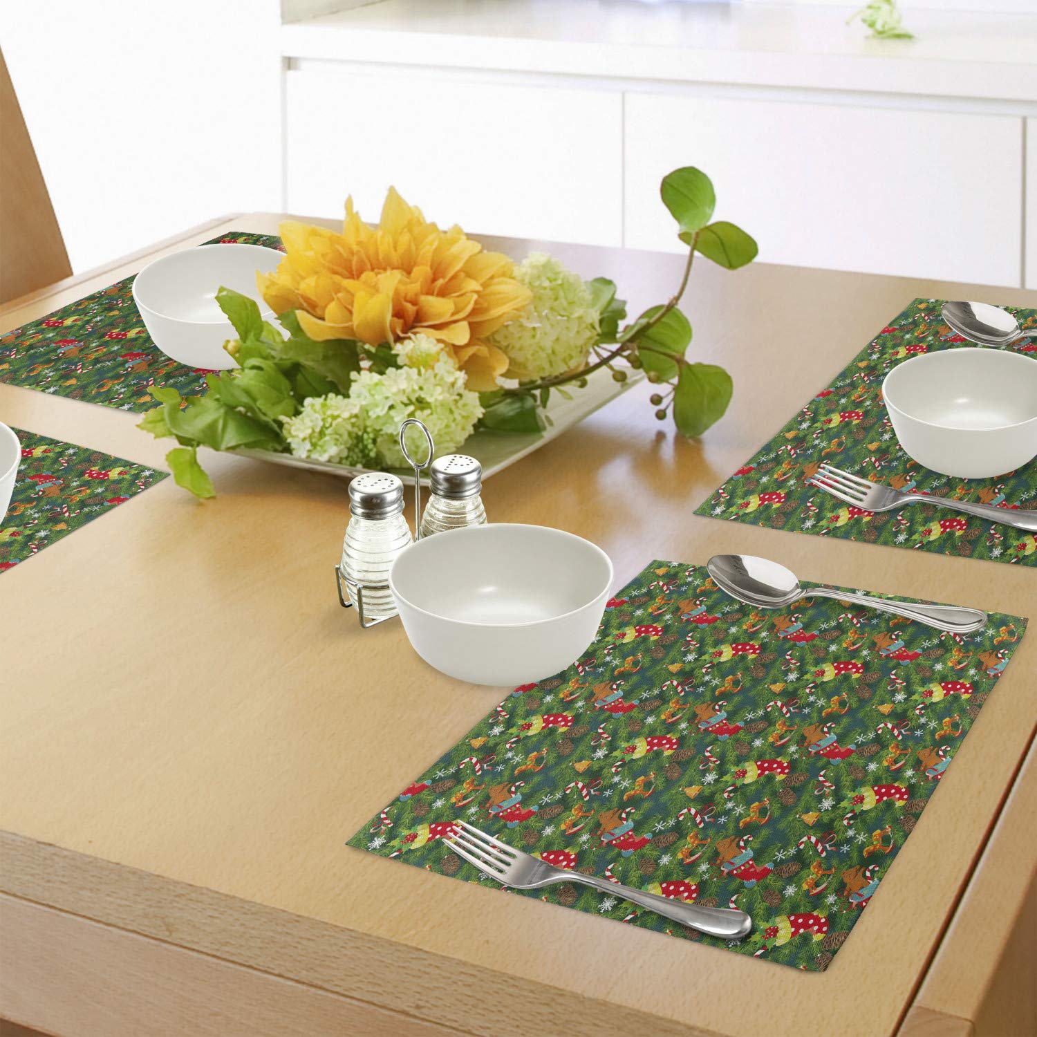 Ambesonne Christmas Placemats Set of 4 - Festive Holiday Dining Table Decor with Stockings, Candies & Teddy Bear Design | Washable Fabric Place Mats for Kitchen, Dining Room & Holiday Parties | Dark Green, Brown & Red