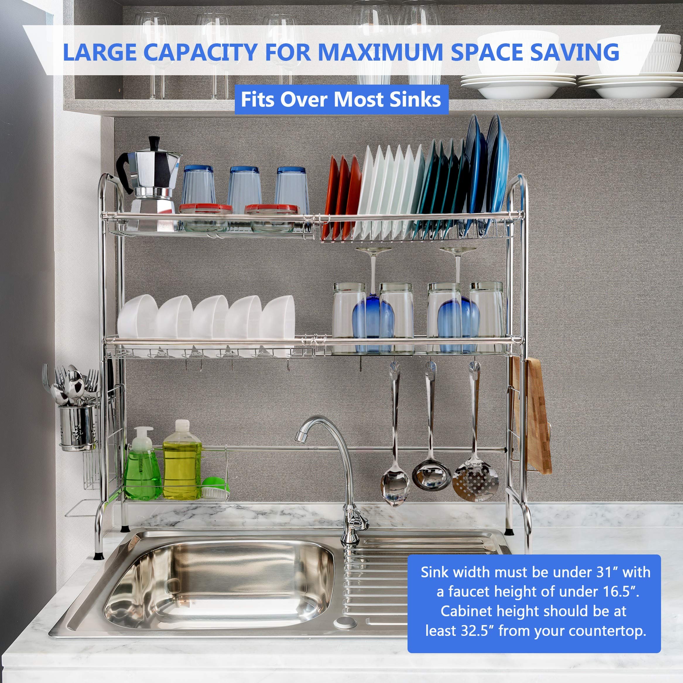 2-Tier Stainless Steel Over The Sink Dish Drying Rack with Non-Slip Feet - Large Kitchen Counter Utensil Drainer & Organizer for Plates, Pots, Cutting Boards - Perfect for Small Kitchens & Apartment Living