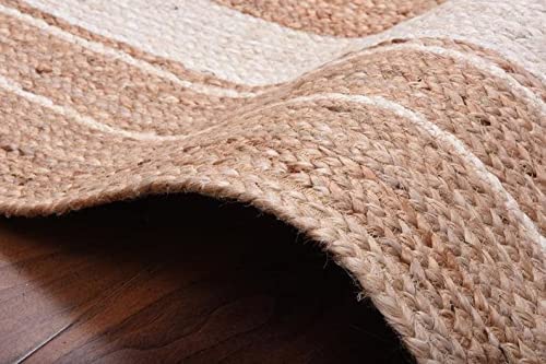 Handmade Natural Jute Farmhouse Area Rug - Braided Oval Rug for Living Room, Bedroom & Kitchen - 8x10 Feet Square Soft Floor Carpet with White Line (Perfect for Boho Decor, Cozy Home & Farmhouse Style)