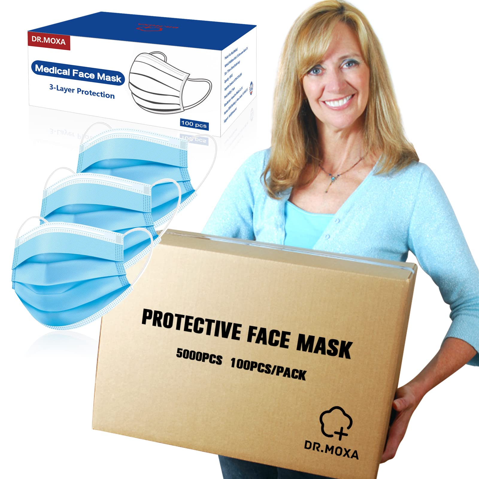 DR.MOXA 5000 Pack Disposable 3-Ply Face Masks - 50 Boxes (100pcs/Box) | Medical Grade Protection for Daily Use, Work & Travel | Bulk Wholesale Masks for Adults & Kids
