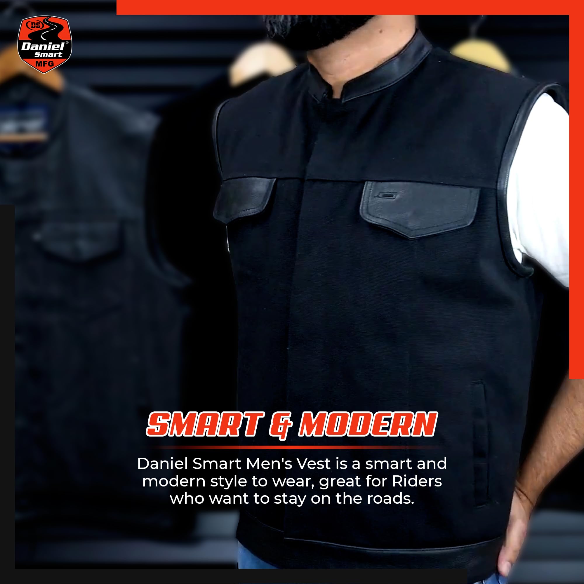Daniel Smart Men’s Canvas Motorcycle Vest with Leather Detailing & Concealment Armory Pocket - Stylish Biker Jacket for Riding, Outdoor Adventures & Casual Wear