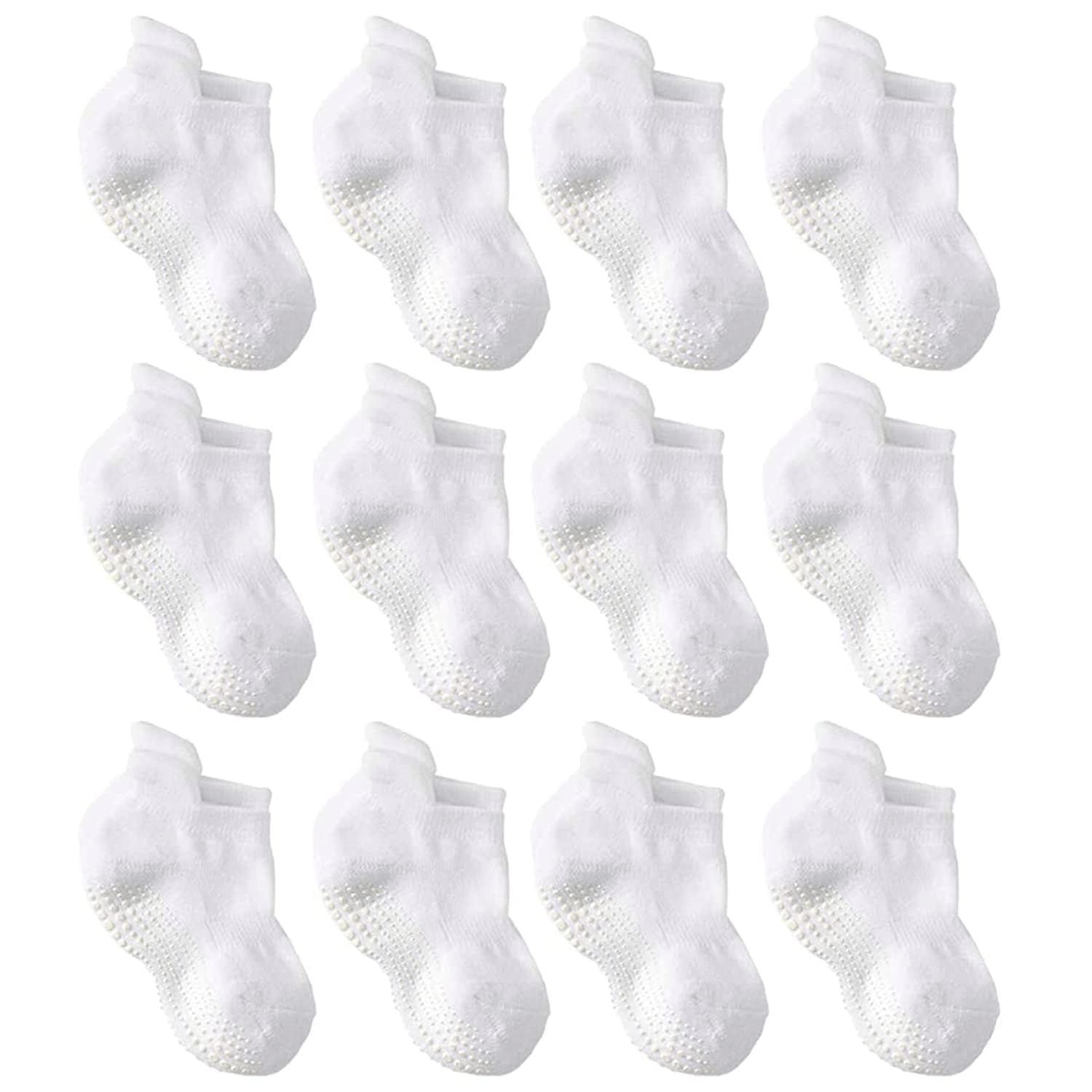 LA Active Baby Toddler Grip Ankle Socks - 12 Pairs Non-Slip Cotton Socks for Boys & Girls (White, 4-7 Years) - Perfect for Playtime, School & Daily Wear