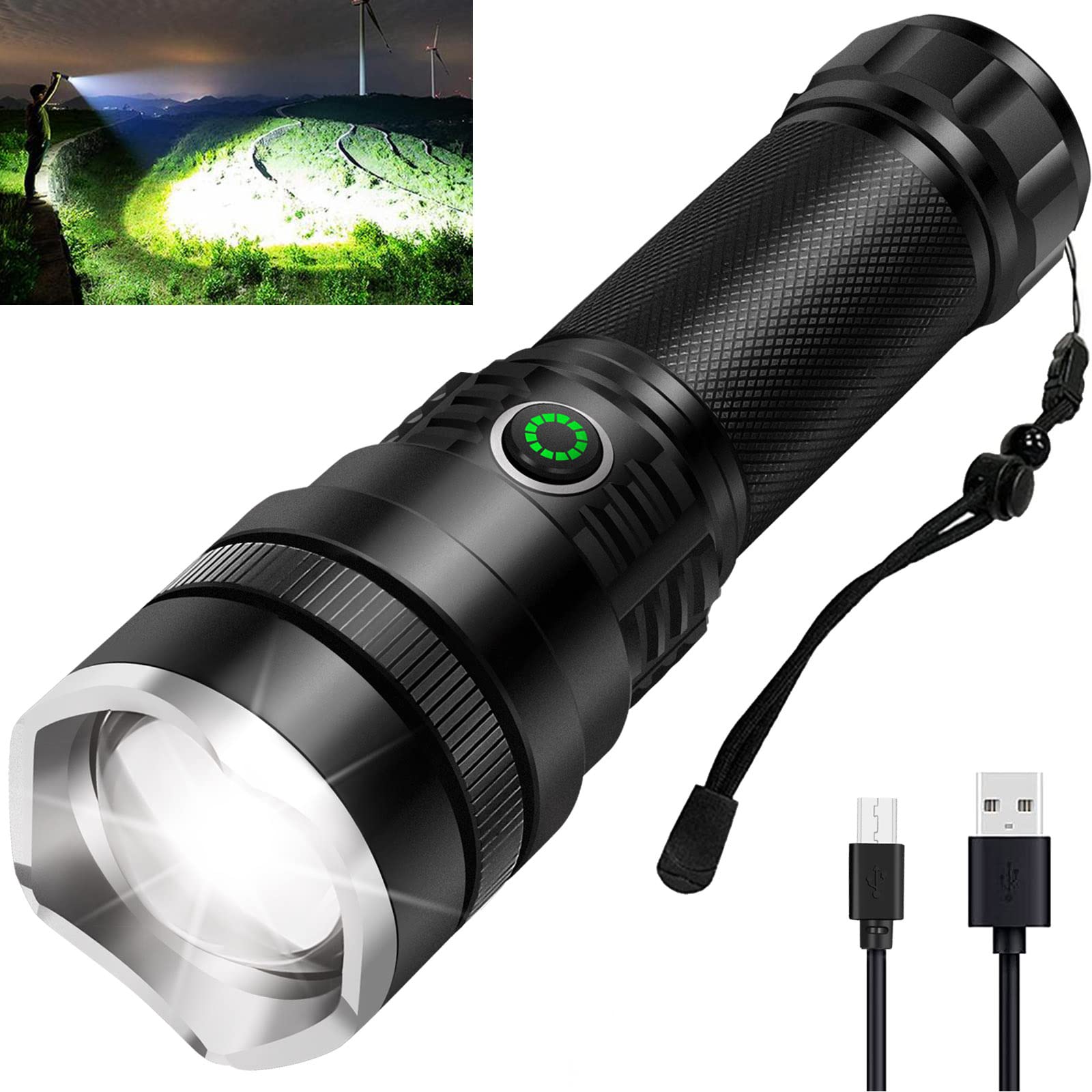 BengMxj 900,000 Lumens Rechargeable Tactical Flashlight - Super Bright Zoomable LED Flashlight with 5 Modes, IPX4 Waterproof - Perfect for Camping, Hiking, Emergency Preparedness, Home Security & Power Outages