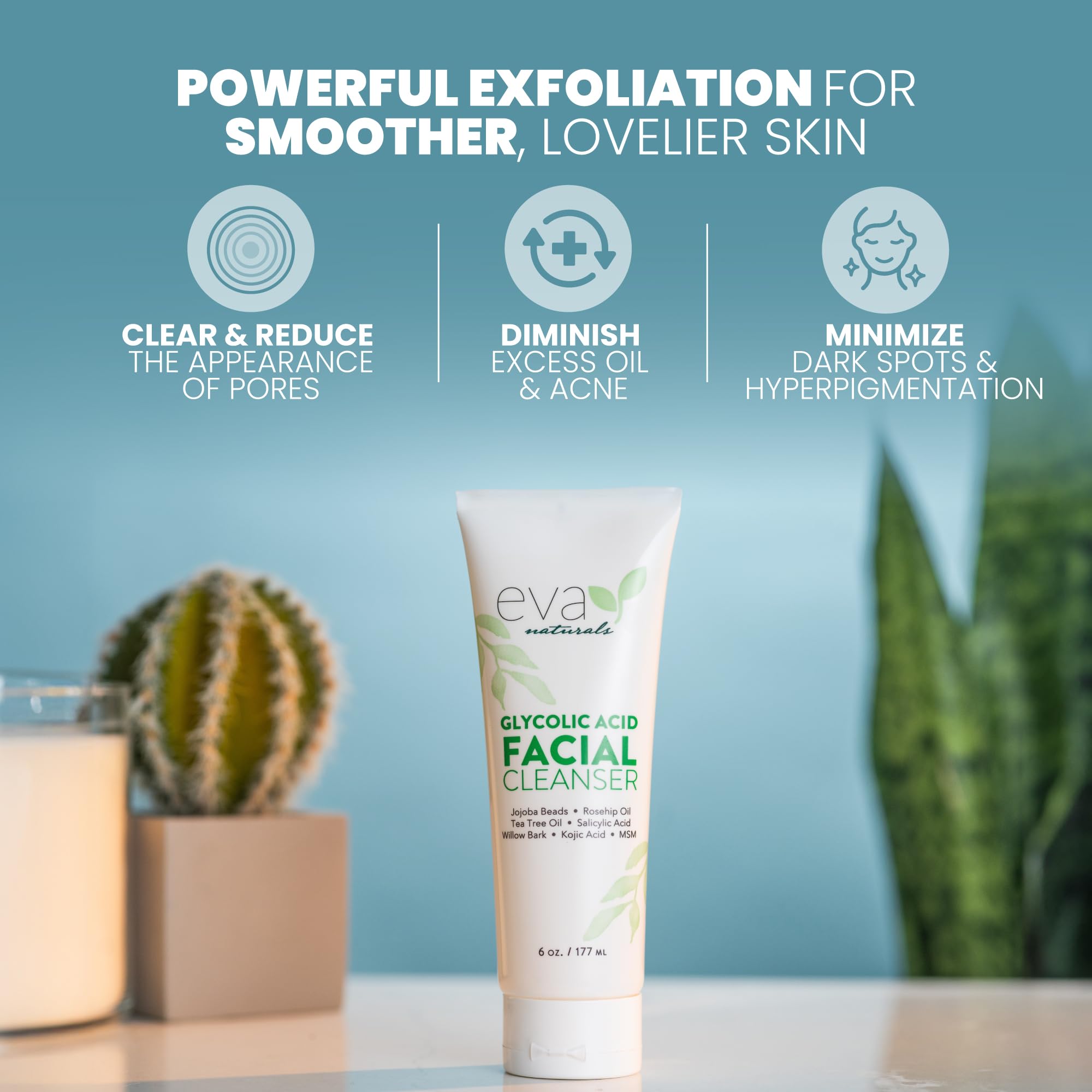 Eva Naturals Glycolic Acid Face Wash - Exfoliating Cleanser for Wrinkles, Fine Lines, Blackheads & Acne - 6 Fl Oz - Gentle Daily Facial Cleanser for Brighter, Smoother Skin - Perfect for Morning & Night Skincare Routine