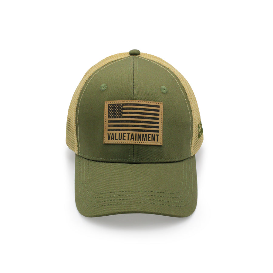 Valuetainment American Flag Army Green Mesh Snapback Hat - Patriotic Military Style Baseball Cap for Men & Women - Perfect for Outdoor Activities, Sports, and Casual Wear