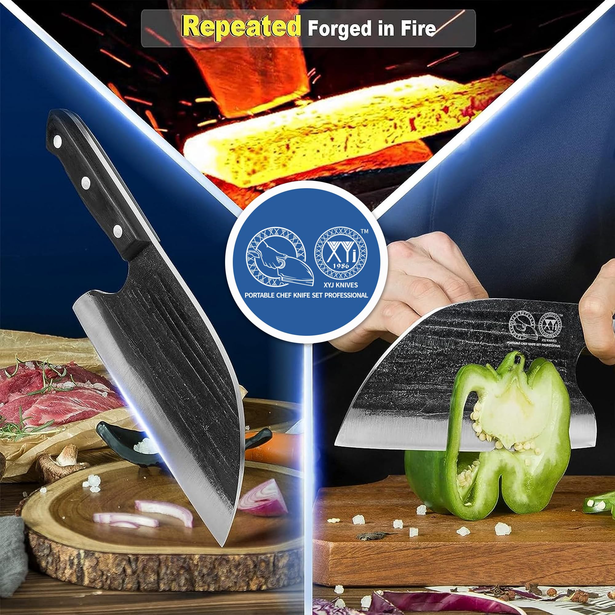 Premium 8-inch Serbian Chef Knife - Full Tang Meat Cleaver & Butcher Knife Set with Leather Sheath - Professional Kitchen Knives for Cooking, Camping & Outdoor Adventures