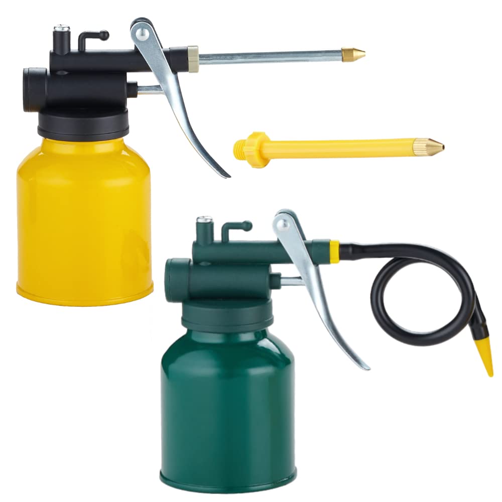 2 Sets Metal Oil Can with 3 Spouts - Rigid & Flexible Spout for Motorcycle, Bike & Machinery Maintenance (Green & Yellow) - Perfect for Garage, Workshop & DIY Lubrication Tasks