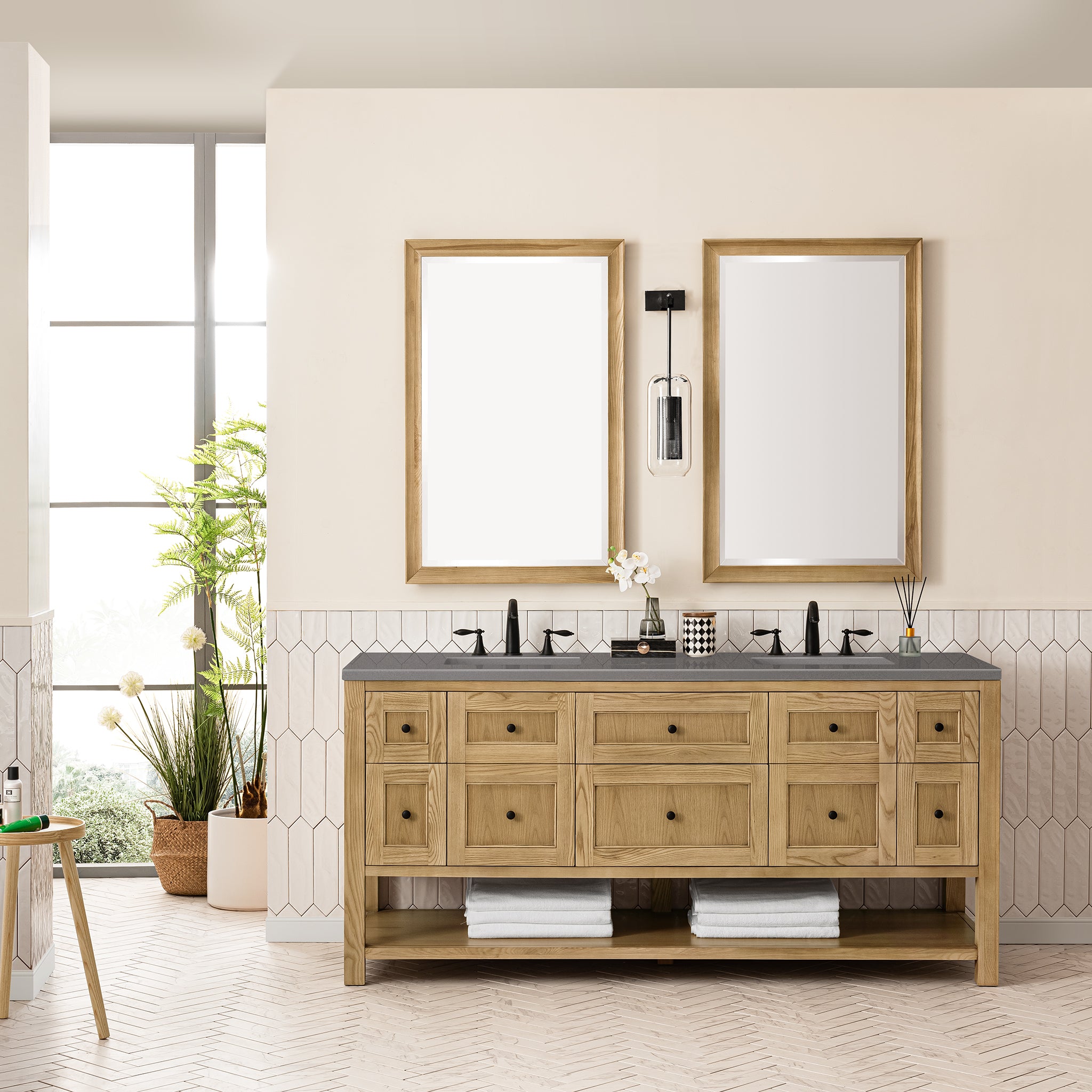 Breckenridge 72-Inch Double Vanity with Light Natural Oak Finish and 3CM Grey Expo Top – Perfect for Modern Bathroom Renovations and Master Suite Upgrades