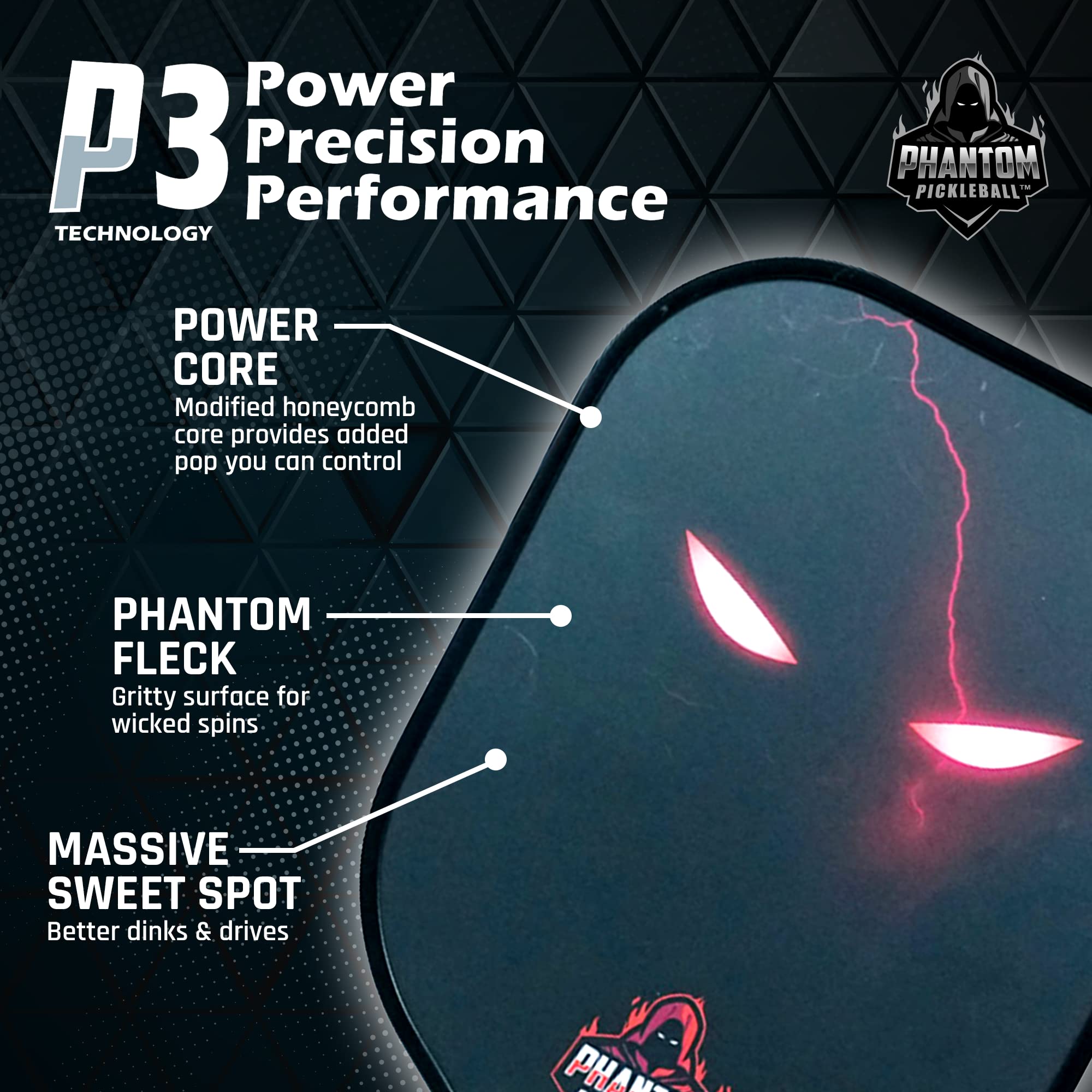 Phantom Pickleball Paddle Eternal 14mm - Carbon Fiber USAPA Approved Paddle with Max Grit & Spin - Lightweight Polypropylene Core Pickleball Racket for Competitive Play & Tournament Use