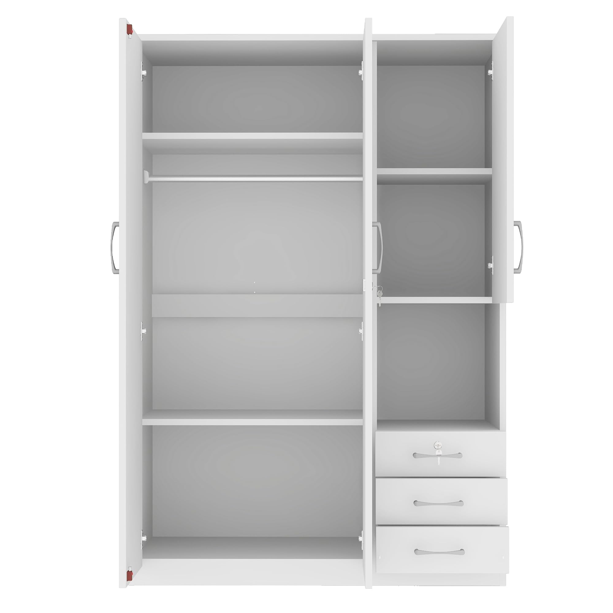 3-Door Wooden Wardrobe Armoire with Shelves, Drawers & Hanging Rod - Modern Bedroom Closet Organizer Storage Cabinet in White - Perfect for Master Bedroom, Guest Room or Dorm Organization