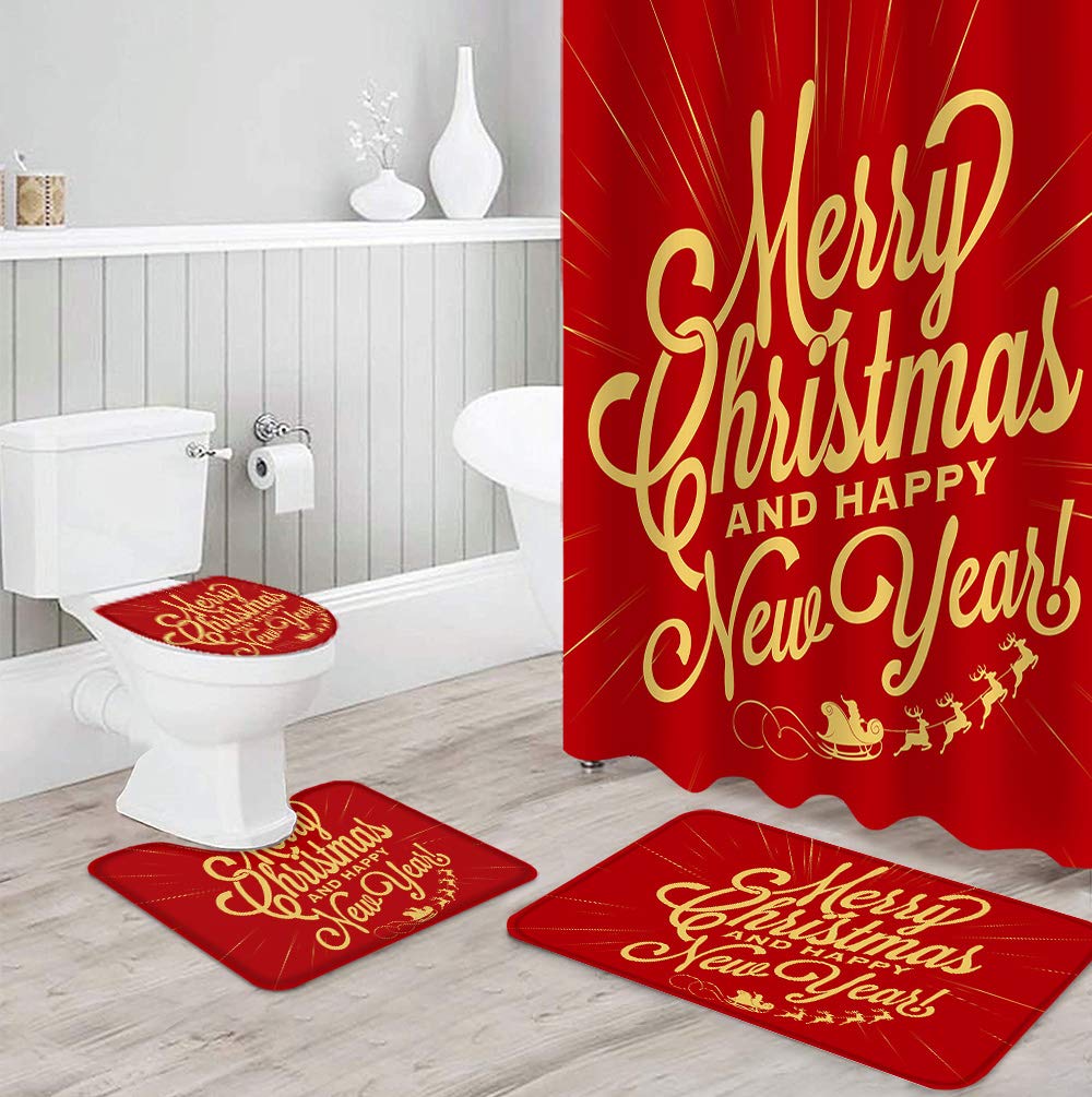 4PCS Non-Slip Bath Mat Set - Christmas Red Pattern for Bathroom Decor & Shower Safety