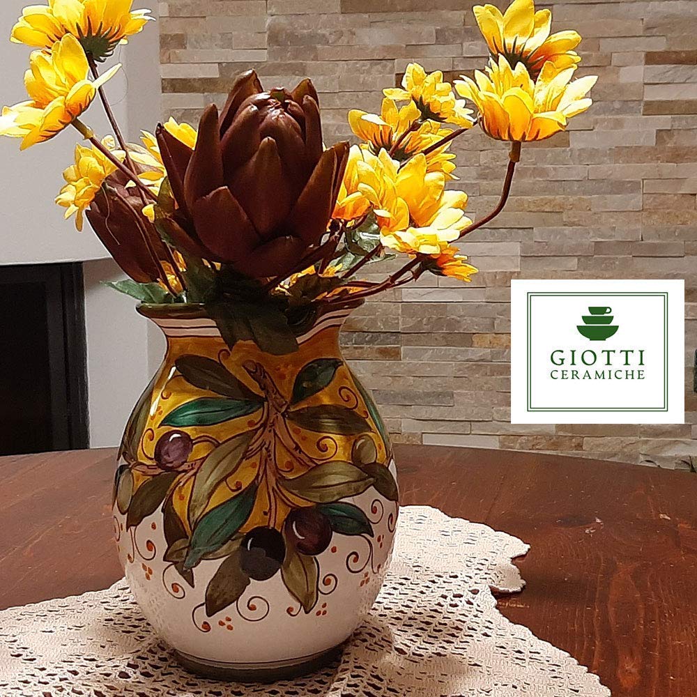 Italian Ceramic Pitcher 33oz - Hand Painted Olive Green Kitchen Carafe & Utensil Holder - Tuscan Pottery Wine Dispenser - Authentic Italian Home Decor for Dining Table, Kitchen Counter & Rustic Farmhouse Style