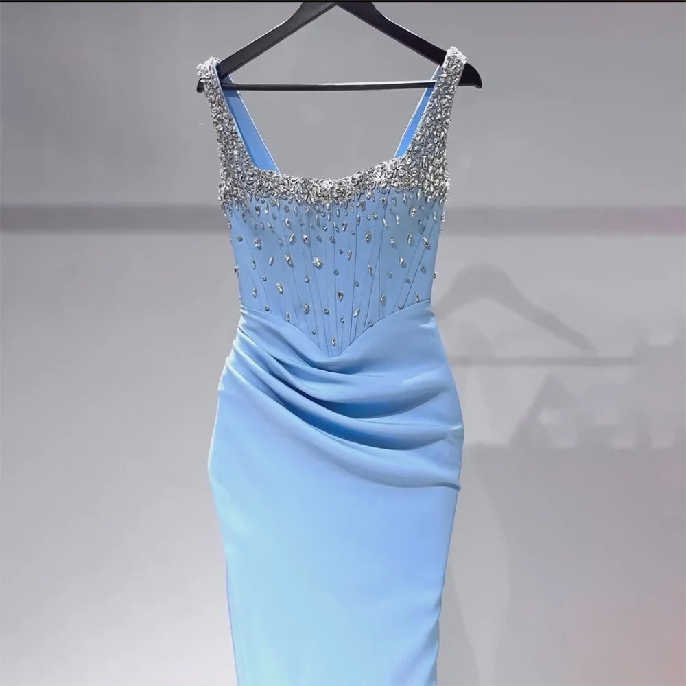 Luxury Dubai Saudi Blue Crystal Beaded Spaghetti Strap Mermaid Evening Gown with High Slit - Formal Party Dress for Prom, Wedding, Gala & Red Carpet Events