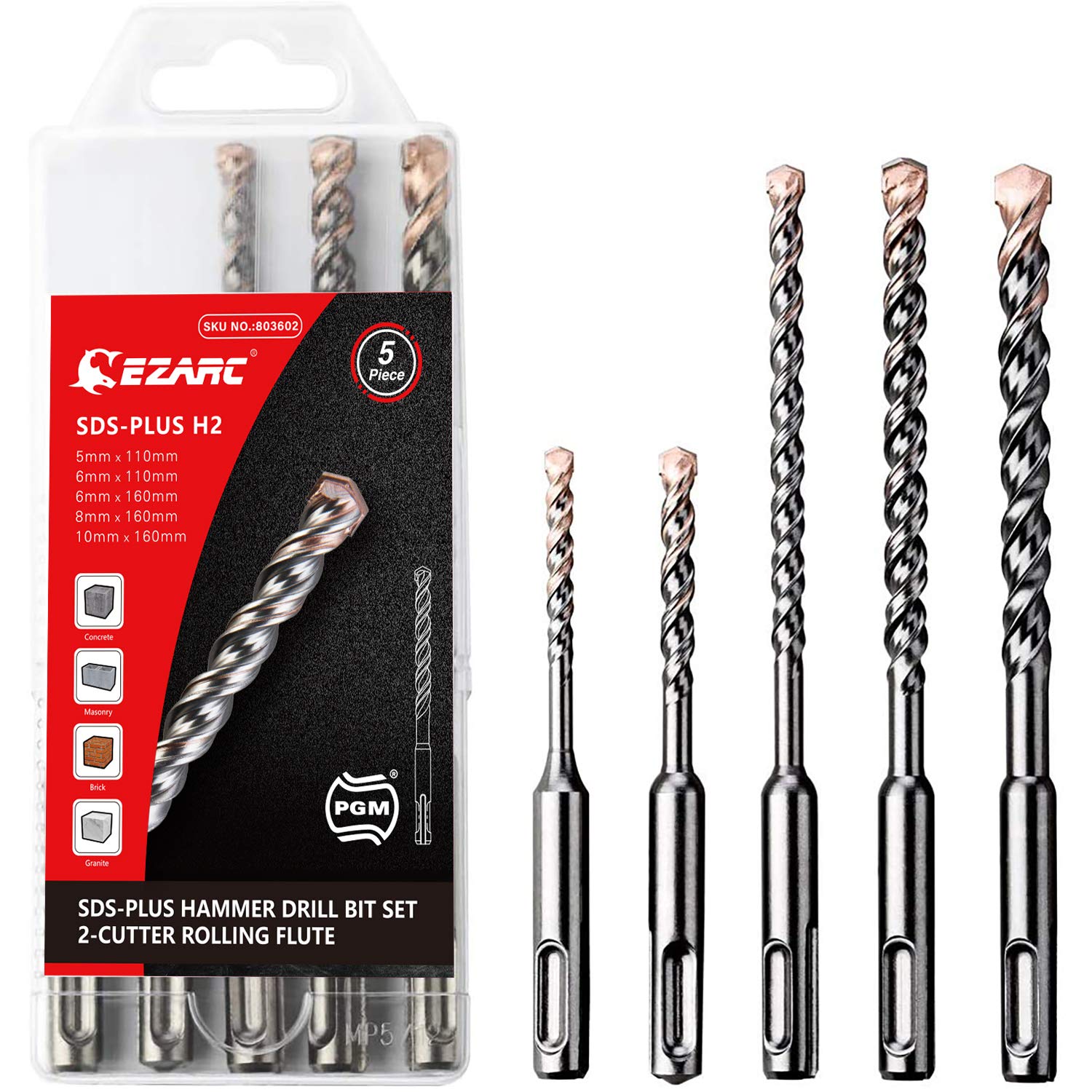 EZARC PGM 5-Piece SDS-Plus Concrete Drill Bit Set with 2-Cutter Carbide Tips - Professional Masonry Tools for Reinforced Concrete, Brick, Tile & Marble - Perfect for Construction, Renovation & DIY Projects