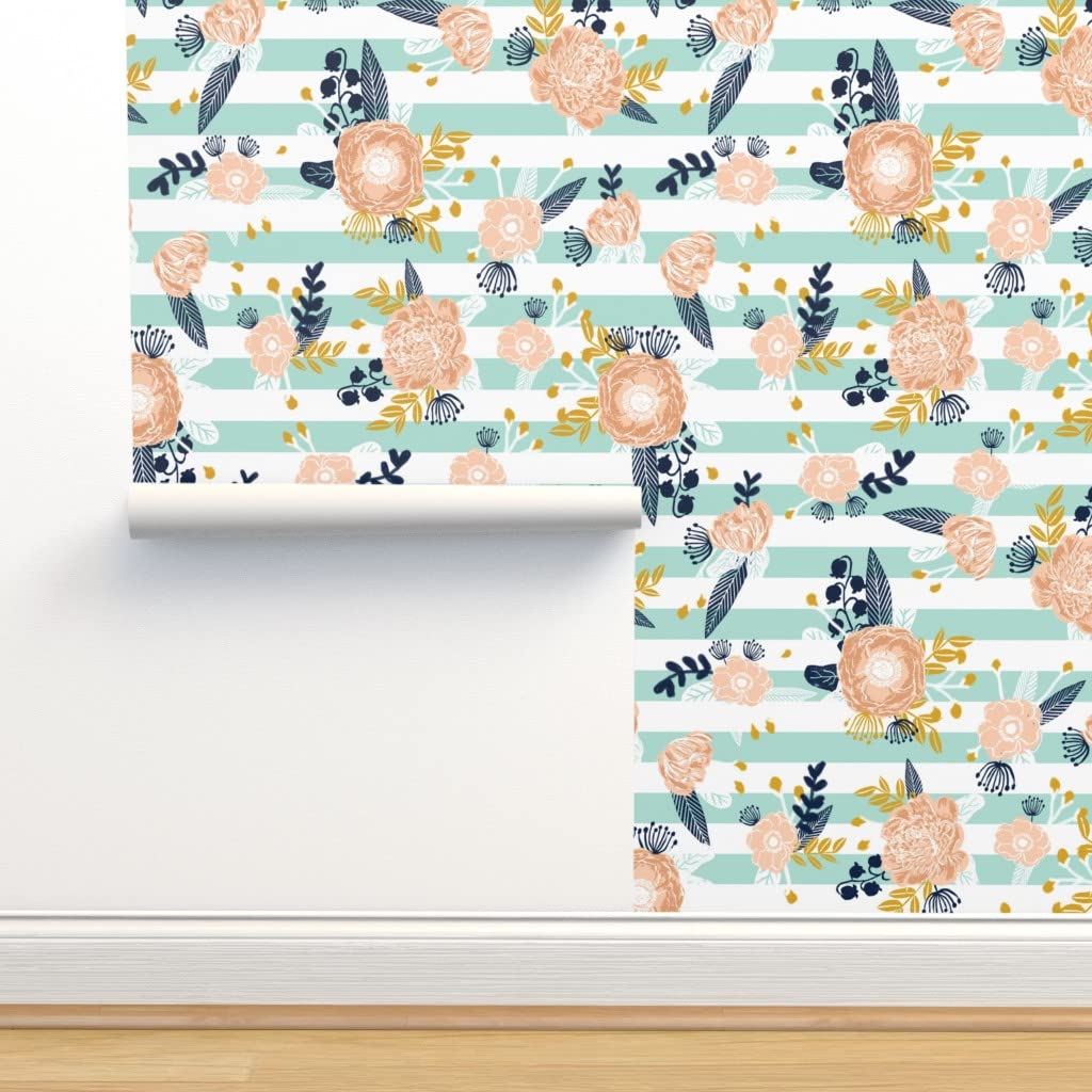 Premium Commercial Grade Wallpaper 27ft x 2ft - Floral Bohemian Stripes Watercolor Design for Nursery, Girls Room & Home Decor | Peach Mint Traditional Floral Pattern by Spoonflower | Perfect for Bedroom, Living Room & Nursery Wall Covering