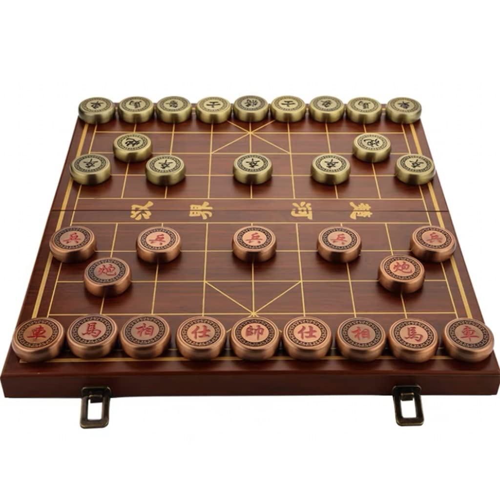Premium YUMM Chinese Chess Set - Retro Metal Copper Alloy Xiangqi Game with Foldable Portable Board | Classic Strategy Puzzle for Family Game Night, Kids & Adults (5.0cm/2.0