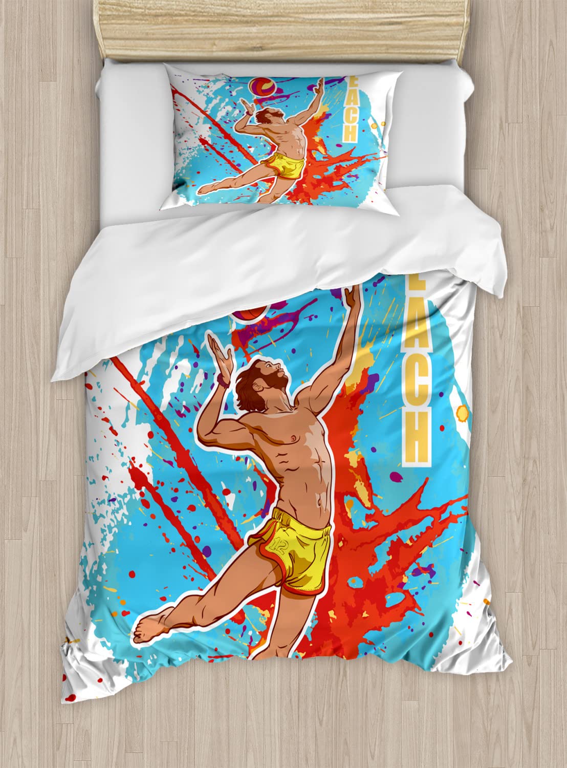 Ambesonne Beach Volleyball Duvet Cover Set - Twin Size 2-Pack with 2 Duvet Covers & 2 Pillowcases - Sky Blue & Red Vector Art of Man Serving Overhead Ball - Perfect for Sports Fans' Bedrooms, Beach Themed Decor, and Dorm Room Essentials