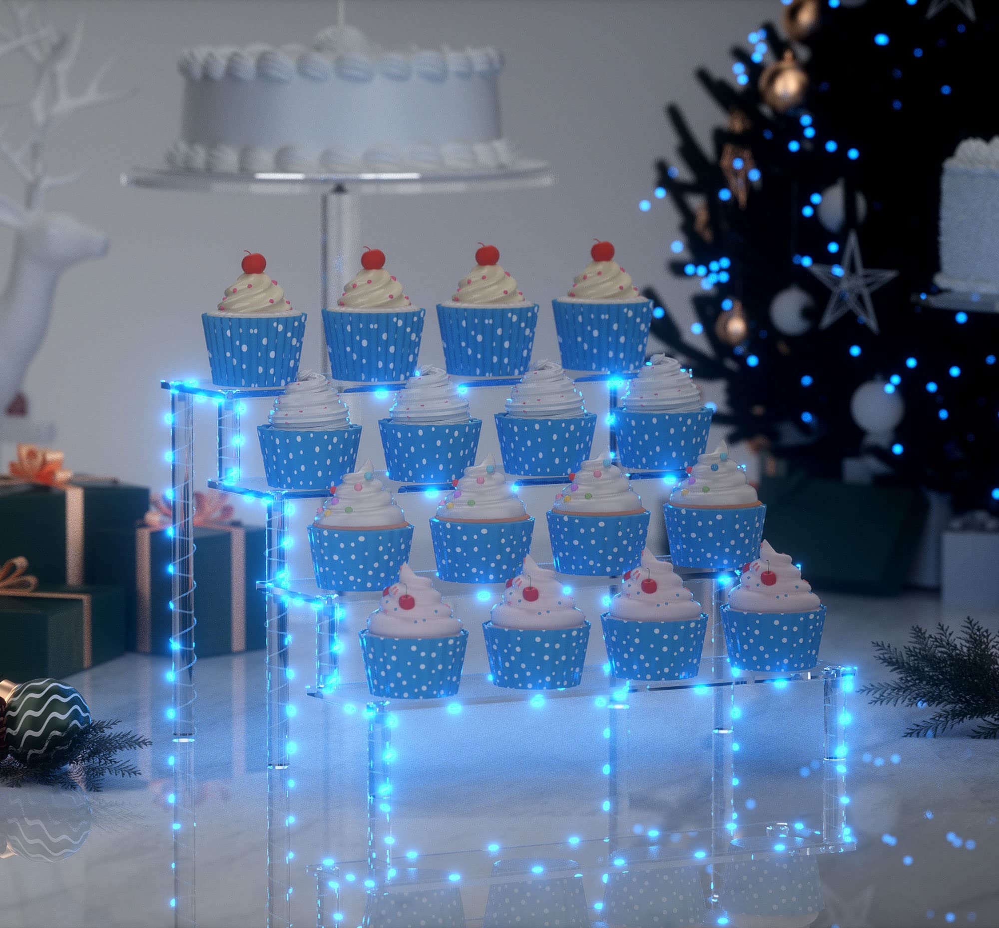 4-Tier Acrylic Riser Display Shelf with Blue LED Lights - Perfect Cupcake Stand, Dessert Display, Cake Pop Holder for Thanksgiving, Parties & Events - Great for Showcasing Cosmetics, Glassware, Figurines & Home Decor