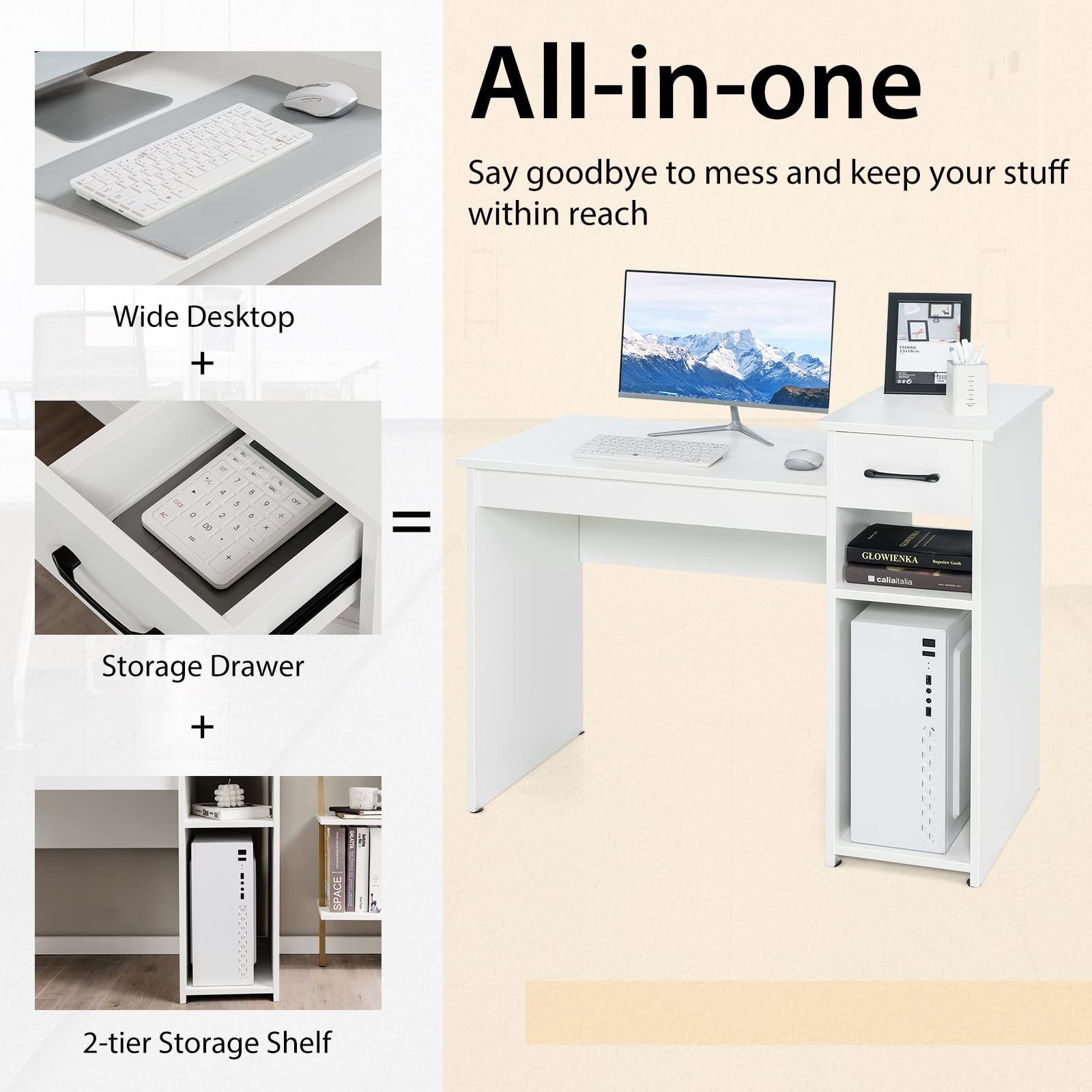 Tangkula Modern White Study Desk with Storage Drawer & Shelves - Compact Writing Desk for Small Spaces, Home Office, Dorm Room & Bedroom Workspace