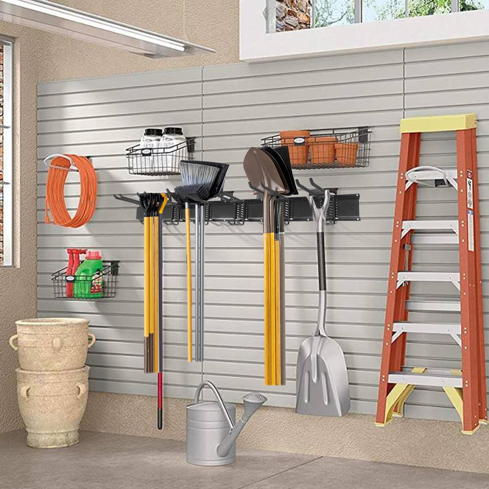 NOEAIKE 48-Inch Heavy Duty Garage Storage Rack Hooks - Wall Mount Organizer with 3 Rails & 6 Adjustable Double Hooks - Perfect for Garage, Shed, or Workshop Organization - Holds Garden Tools, Brooms, Mops, Ladders & More (Black)