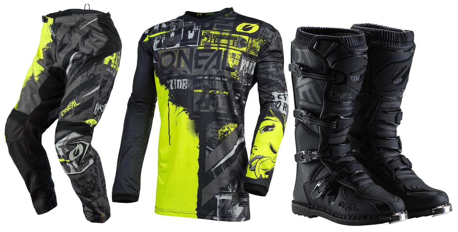 Oneal Element Ride Black/Neon Jersey Pant Boots Combo for Motocross & Dirt Biking - Size SM/W28/Boot 9 - Perfect for Off-Road Racing & Trail Riding